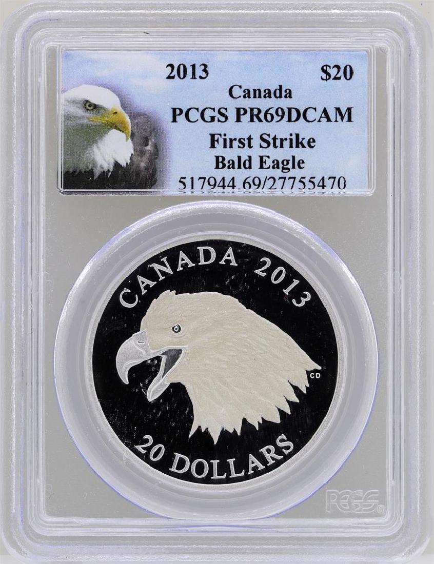 2013 $20 Canada Bald Eagle Silver Coin PCGS PR69DCAM: One 2013 $20 Canada Bald Eagle Silver Coin PCGS PR69DCAM. PCGS Certified.