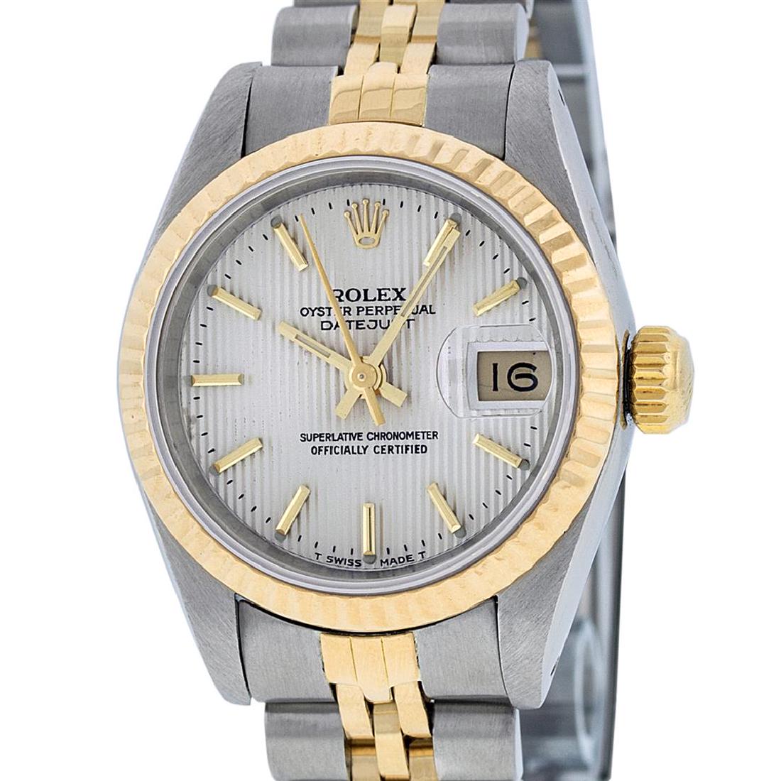 Rolex Ladies 2 Tone 14K Silver Index Tapestry Fluted: One Ladies 14K Two Tone Rolex Datejust Polished, Serviced & Electronically Tested, 14K Yellow Gold & Stainless Steel Case: 26mm, 14K Yellow Gold Crown, Bezel: 14K Yellow Gold Fluted Bezel. Custom Crys