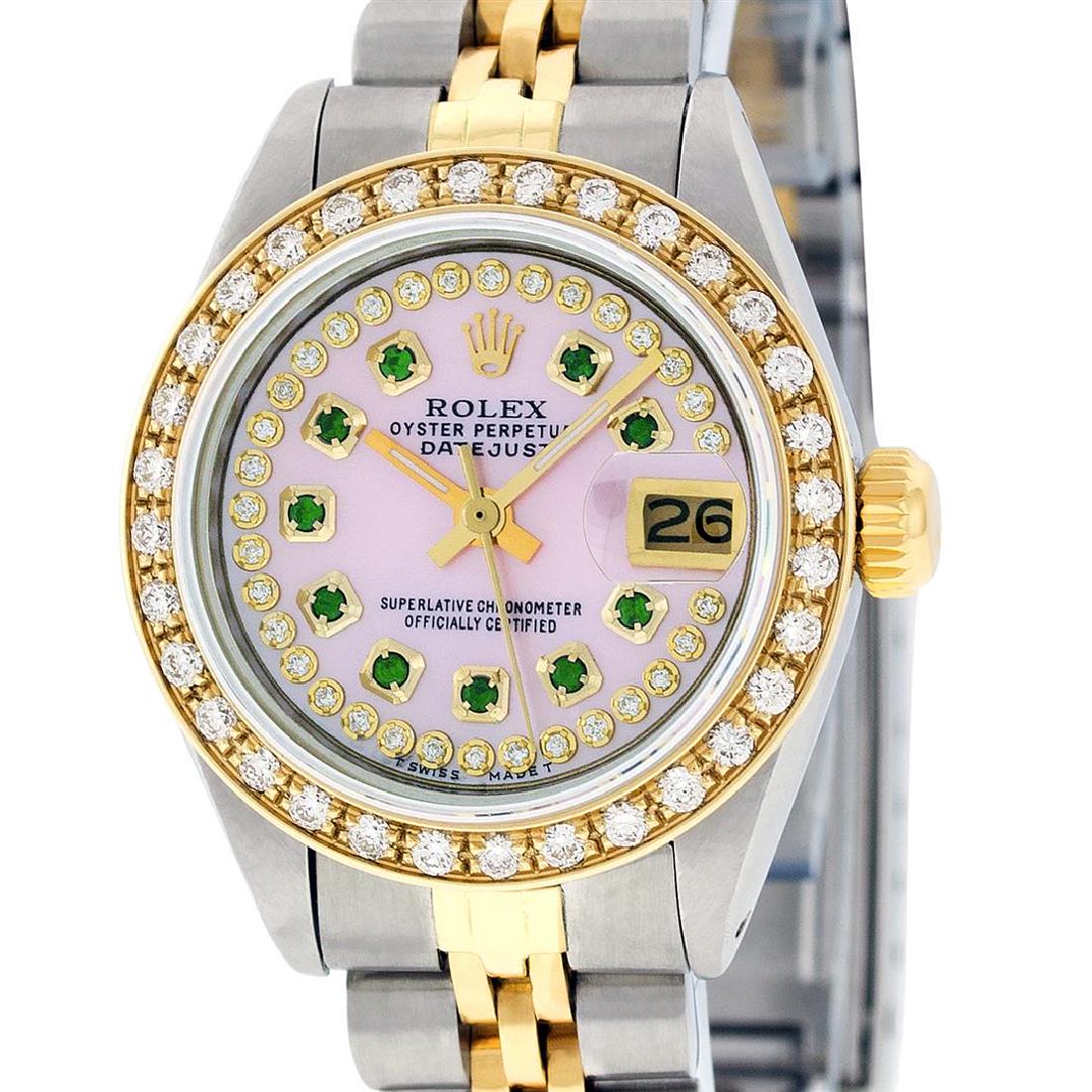 Rolex Ladies 2 Tone 14K Pink MOP Emerald String Diamond: One Ladies 14K Two Tone Rolex Datejust Polished, Serviced & Electronically Tested, 14K Yellow Gold & Stainless Steel Case: 26mm, 14K Yellow Gold Crown, Custom Bezel: New 18K Yellow Gold Beadset Diamon