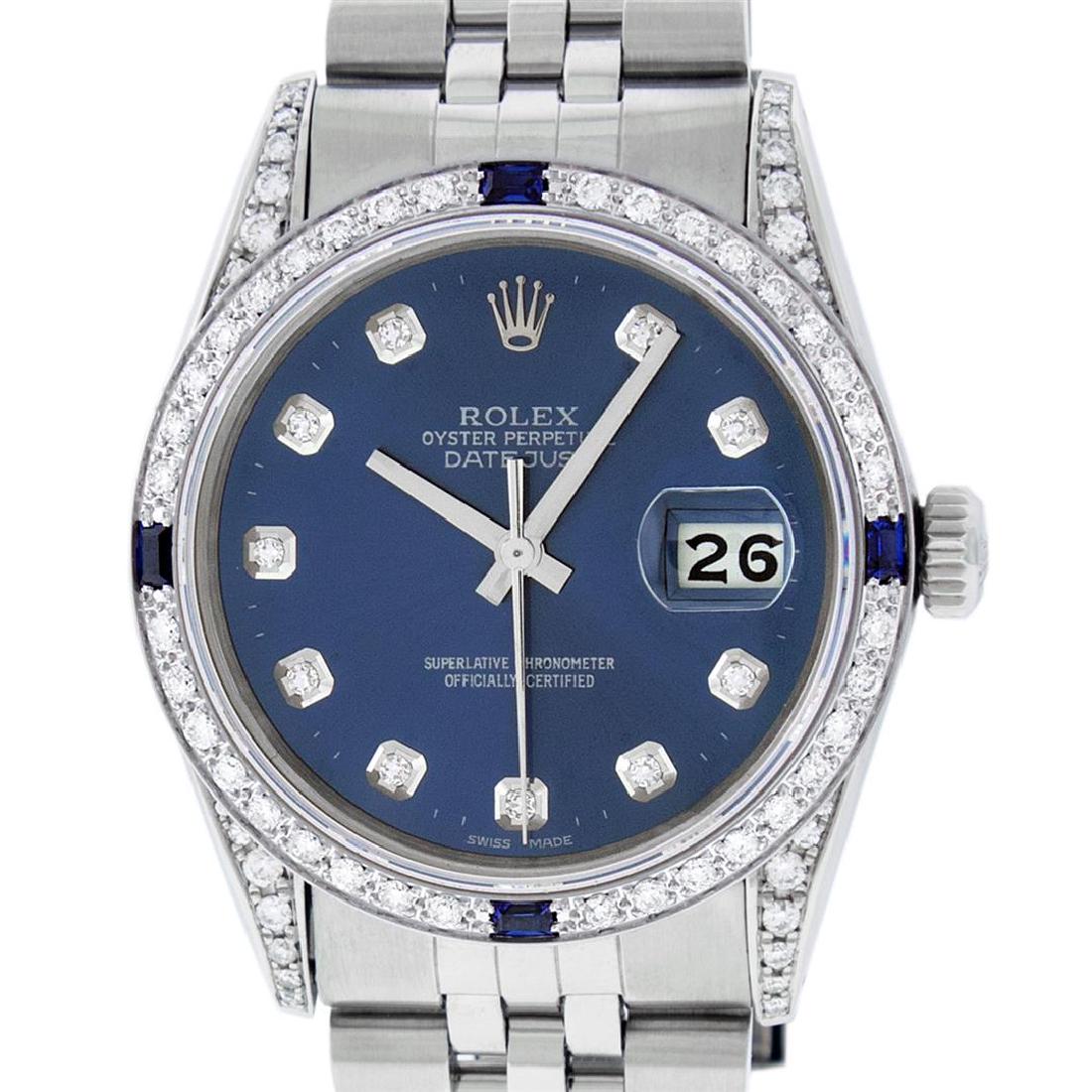 Rolex Mens Stainless Steel Diamond Lugs Blue Diamond &: One Mens Rolex Datejust Polished Bright with Satin Finish, Serviced & Electronically Tested, Stainless Steel Case: 36mm, Custom Diamond Lugs: 28 Diamonds In Lugs, Color: G to H, Clarity: SI-VS. Stainl
