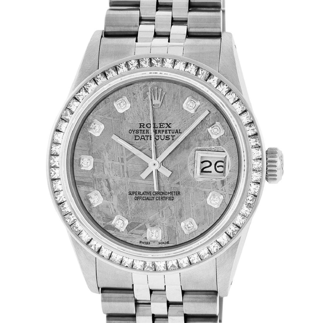 Rolex Mens SS Meteorite Diamond Princess Cut 36MM: One Mens Stainless Steel Rolex Datejust Polished Bright with Satin Finish, Fully Serviced & Electronically Tested, Stainless Steel Case: 36mm, Stainless Steel Crown, Custom Bezel: New 14K White Gold 2