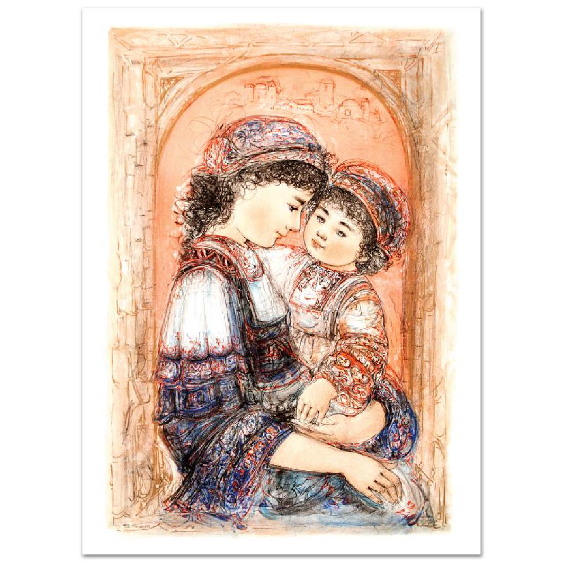 Mother and Child of Thera by Hibel (1917-2014): "Mother and Child of Thera" is a limited edition lithograph on paper, numbered and hand signed by Edna Hibel (1917-2014). Includes Certificate of Authenticity! Measures approx. 30" x 42" (with border)