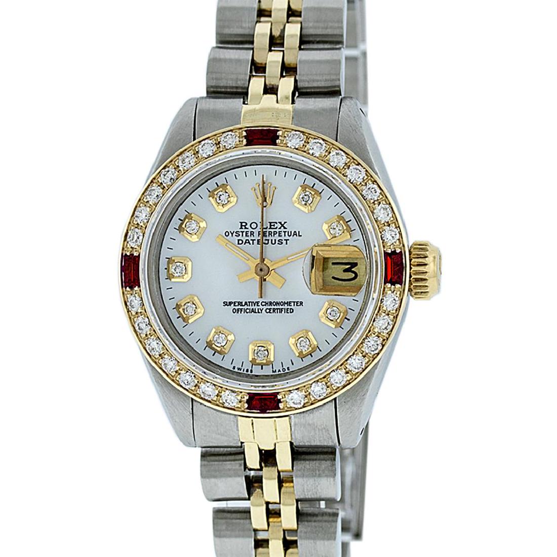 Rolex Ladies 2 Tone MOP Diamond & Ruby Datejust: One Ladies 14K Two Tone Rolex Datejust Polished, Serviced & Electronically Tested, 14K Yellow Gold & Stainless Steel Case: 26mm, 14K Yellow Gold Crown, Custom Bezel: New 18K Yellow Gold Ruby Beadset D