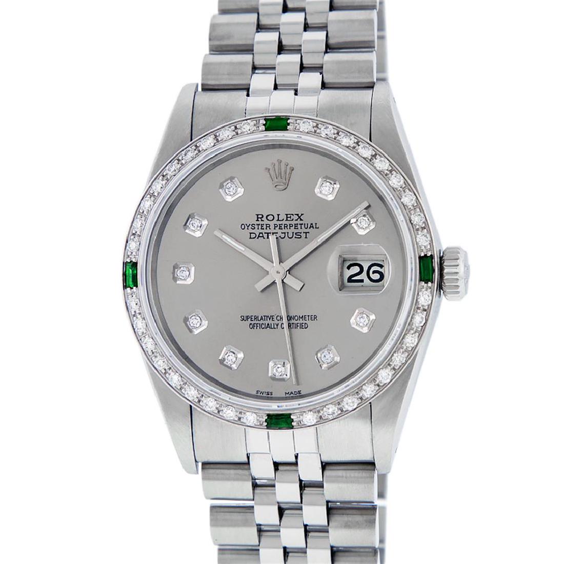 Rolex Mens Stainless Steel Slate Grey Diamond & Emerald: One Mens Stainless Steel Rolex Datejust Polished, Serviced & Electronically Tested, Stainless Steel Case: 36mm, Stainless Steel Crown, Custom Bezel: New 18K White Gold Emerald Beadset Diamond Bezel, D