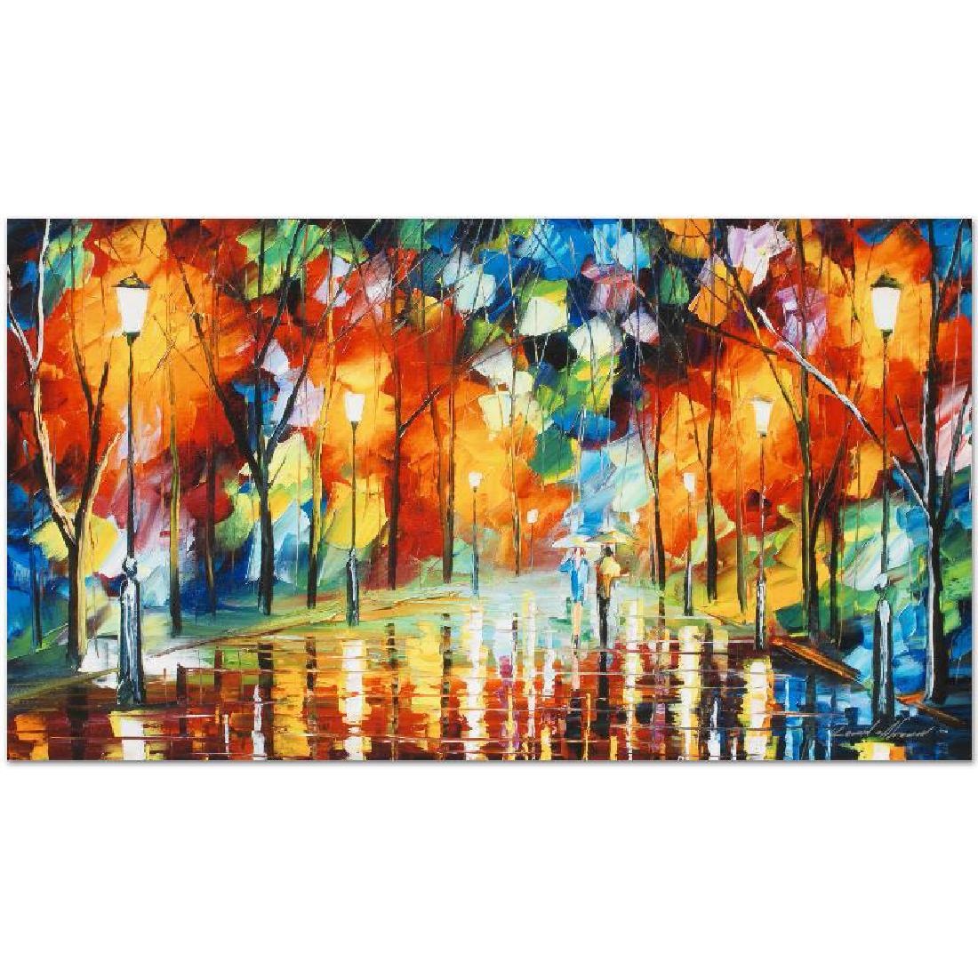 Mirror Streets by Afremov, Leonid: Leonid Afremov's masterful use of color and texture make his paintings unique collectibles that are sure to brighten any wall. "Mirror Streets" is a limited edition giclee on canvas. The piece is numb