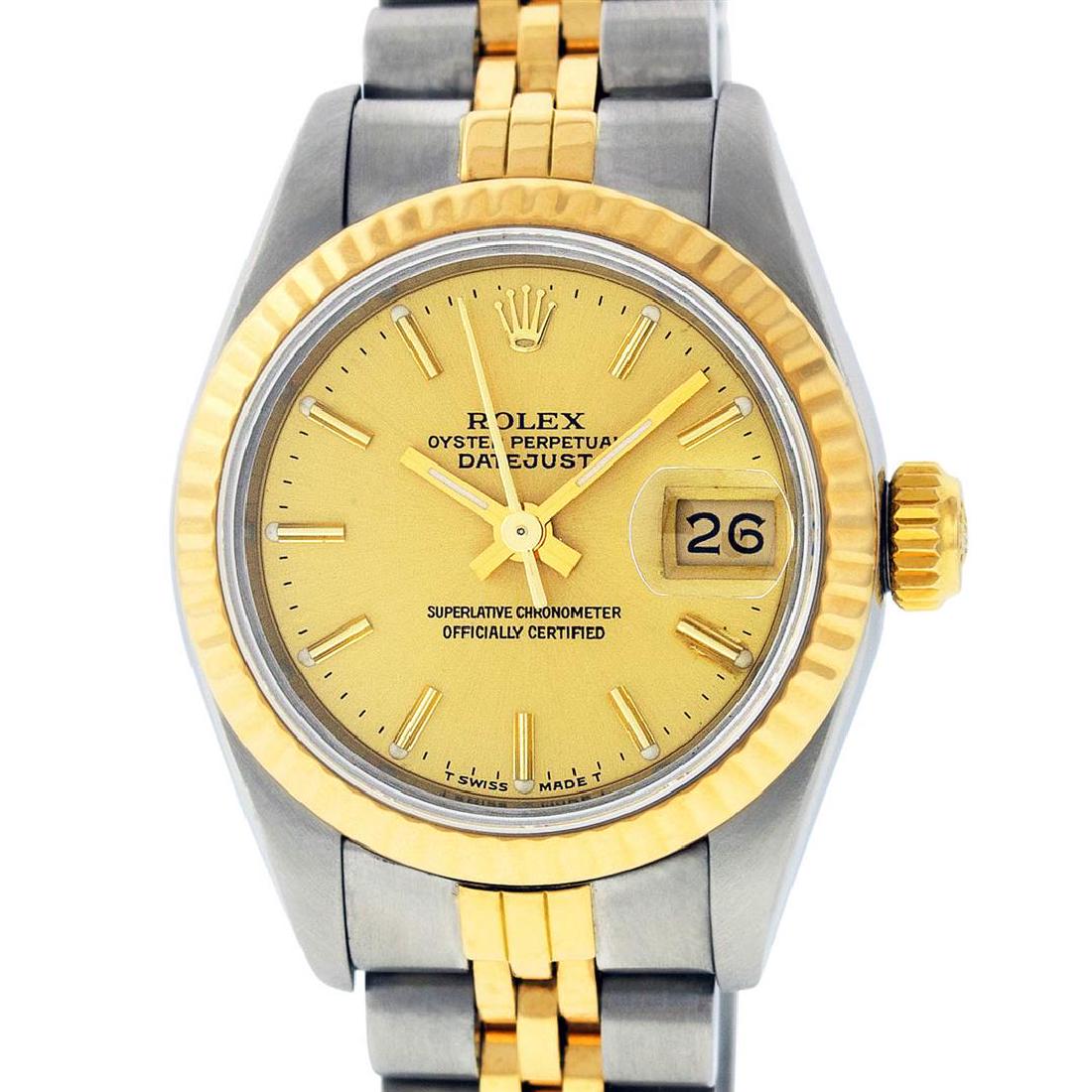 Rolex Ladies 2 Tone 14K Champagne Index Datejust: One Ladies 14K Two Tone Rolex Datejust Polished, Serviced & Electronically Tested, 14K Yellow Gold & Stainless Steel Case: 26mm, 14K Yellow Gold Crown, Bezel: 14K Yellow Gold Fluted Bezel. Custom Crys