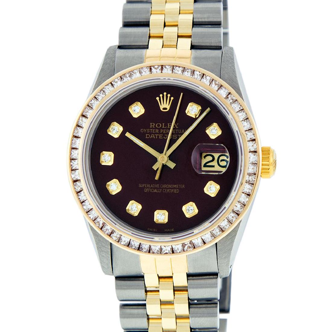 Rolex Mens 2 Tone 14K Maroon Princess Cut Diamond: One Mens 14K Yellow Gold Two Tone Rolex Datejust Polished Bright with Satin Finish, Serviced & Electronically Tested, 14K Yellow Gold And Stainless Steel Case: 36mm, 14K Yellow Gold Crown, Custom Beze