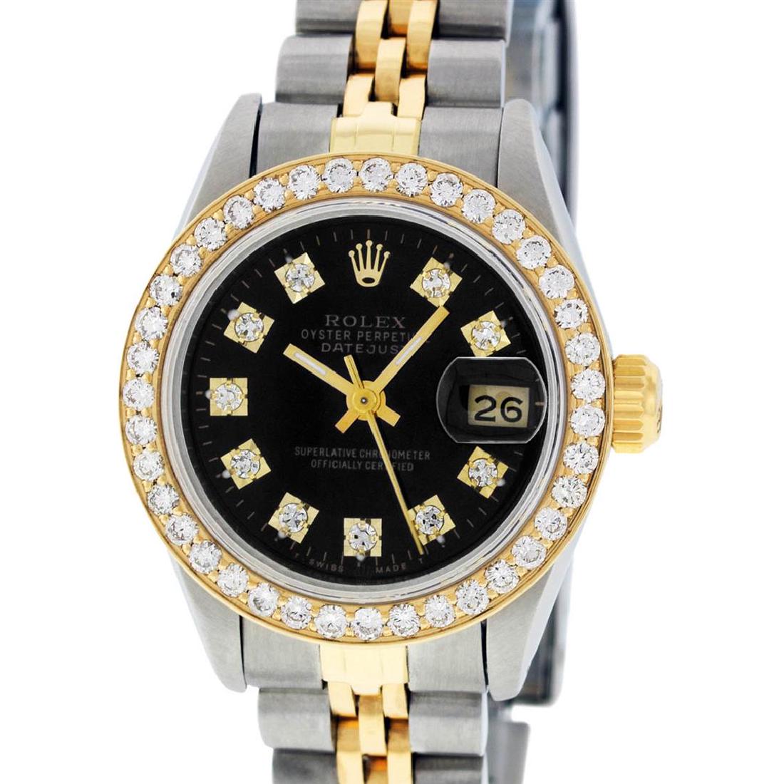 Rolex Ladies 2 Tone 14K Black Diamond Bezel & 1 ctw: One Ladies 14K Two Tone Rolex Datejust Polished, Serviced & Electronically Tested, 14K Yellow Gold & Stainless Steel Case: 26mm, 14K Yellow Gold Crown, Custom Bezel: New 18K 1ctw Yellow Gold Beadset D