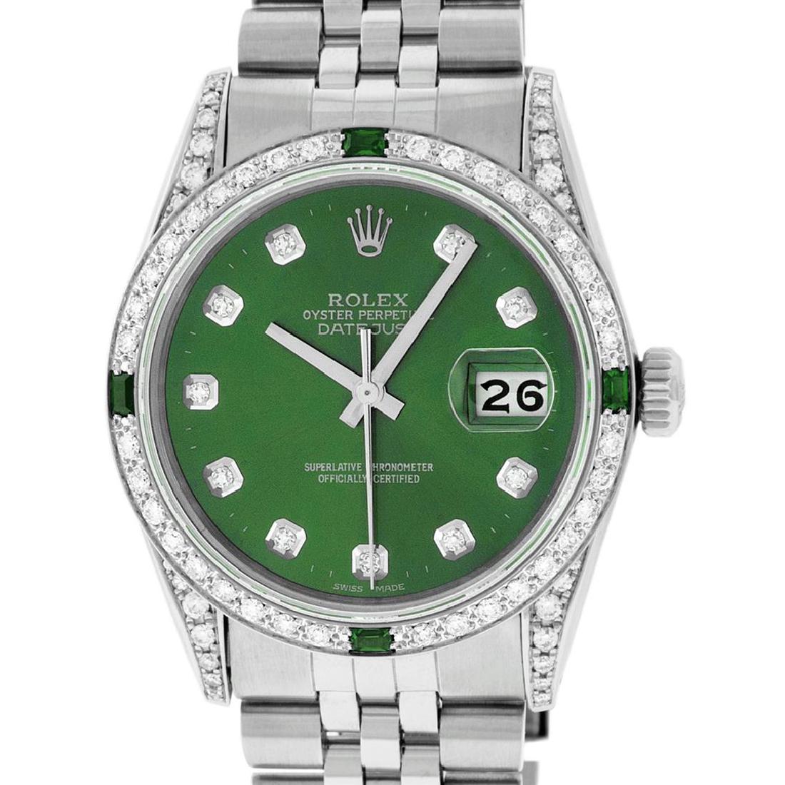 Rolex Mens Stainless Steel Diamond Lugs Green Diamond &: One Mens Rolex Datejust Polished Bright with Satin Finish, Serviced & Electronically Tested, Stainless Steel Case: 36mm, Custom Diamond Lugs: 28 Diamonds In Lugs, Color: G to H, Clarity: SI-VS. Stainl