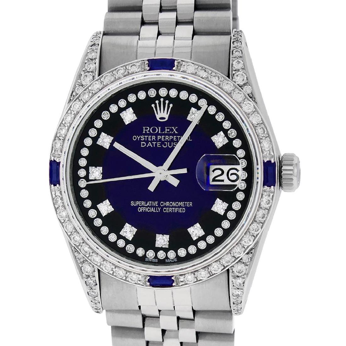 Rolex Mens Stainless Steel Diamond Lugs Blue Vignette &: One Mens Rolex Datejust Polished Bright with Satin Finish, Serviced & Electronically Tested, Stainless Steel Case: 36mm, Custom Diamond Lugs: 28 Diamonds In Lugs, Color: G to H, Clarity: SI-VS. Stainl