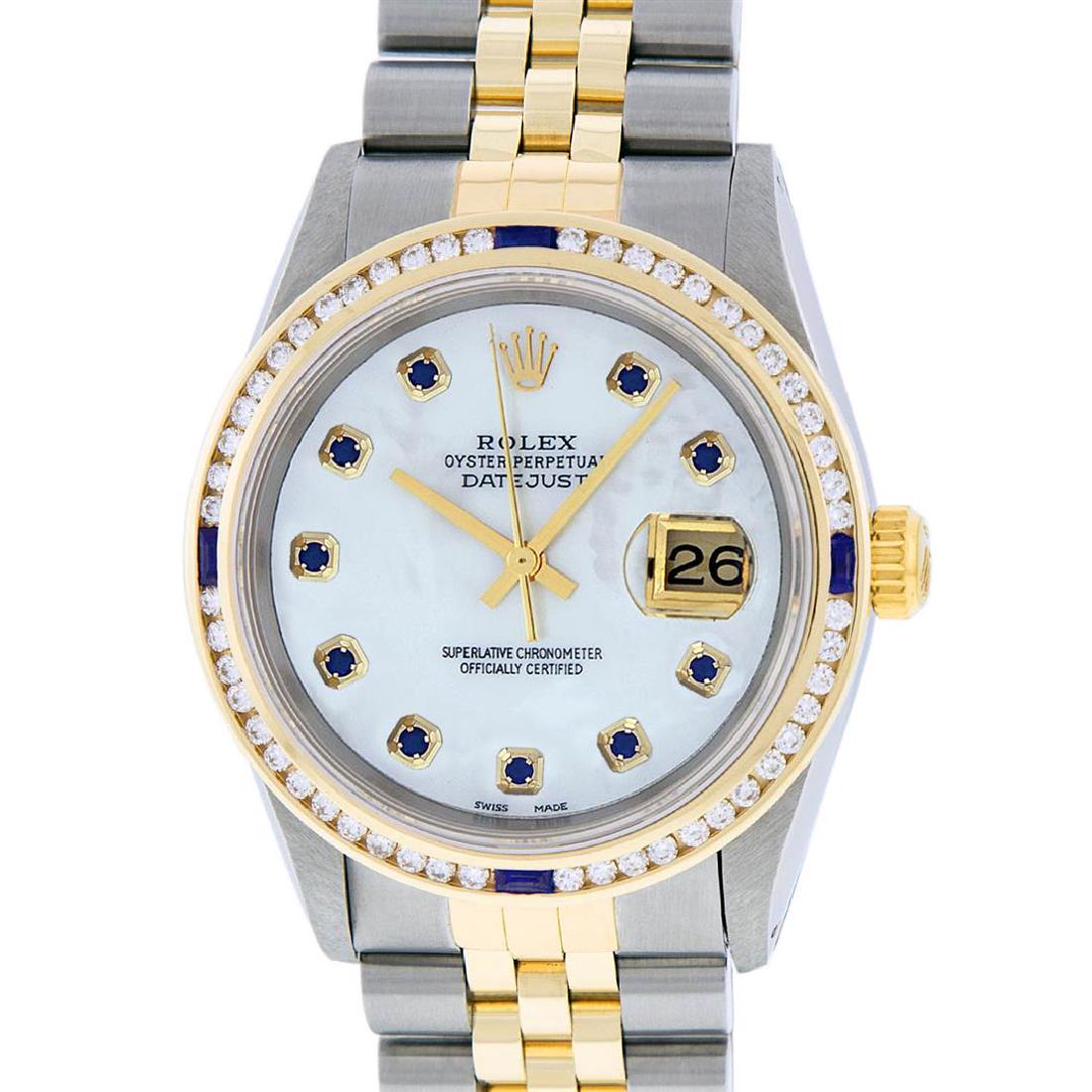 Rolex Mens 2 Tone 14K MOP Sapphire Diamond Channel Set: One Mens 14K Yellow Gold Two Tone Rolex Datejust Polished, Serviced & Electronically Tested, 14K Yellow Gold & Stainless Steel Case: 36mm, 14K Yellow Gold Crown, Custom Bezel: 18K Yellow Gold Sapphire