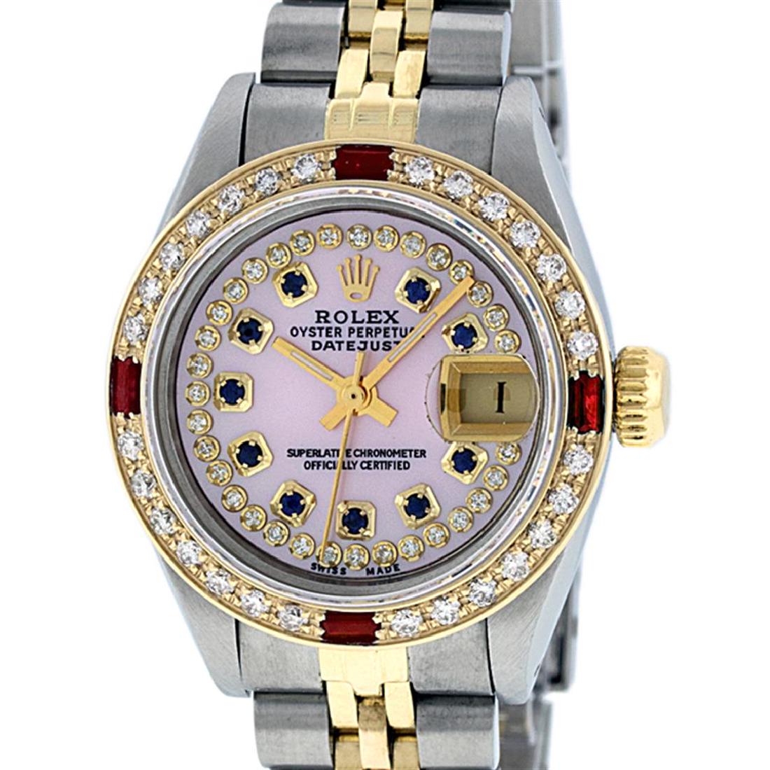 Rolex Ladies 2 Tone 14K Pink MOP Sapphire & Ruby: One Ladies 14K Two Tone Rolex Datejust Polished, Serviced & Electronically Tested, 14K Yellow Gold & Stainless Steel Case: 26mm, 14K Yellow Gold Crown, Custom Bezel: New 18K New Yellow Gold Ruby Beads
