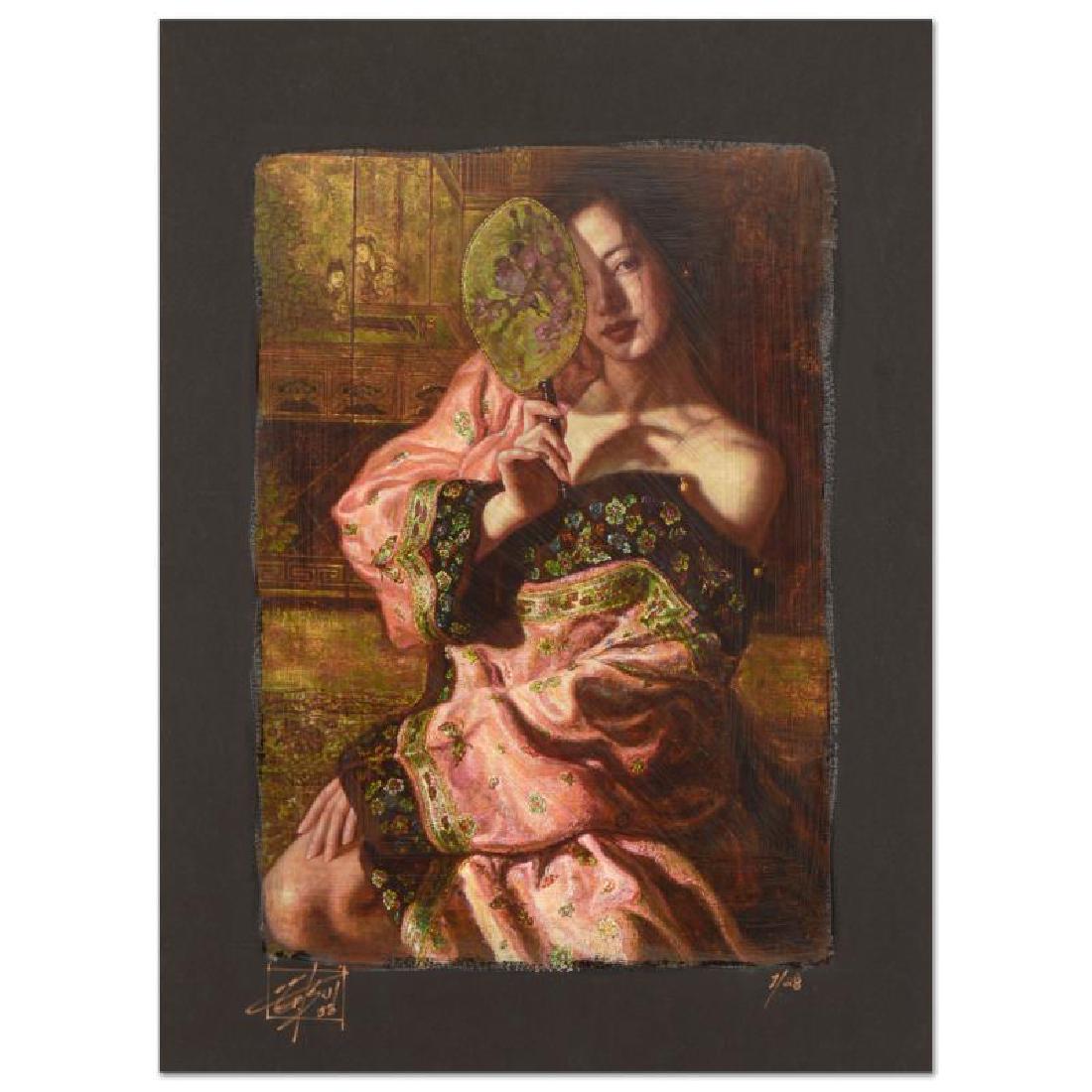 Fan Dance by Tsui, George: "Fan Dance" is a limited edition chiarograph on black paper by George Tsui, numbered and hand signed by the artist. Includes Letter of Authenticity. Measures approx. 18" x 24" (border), 13" x 20" (ima