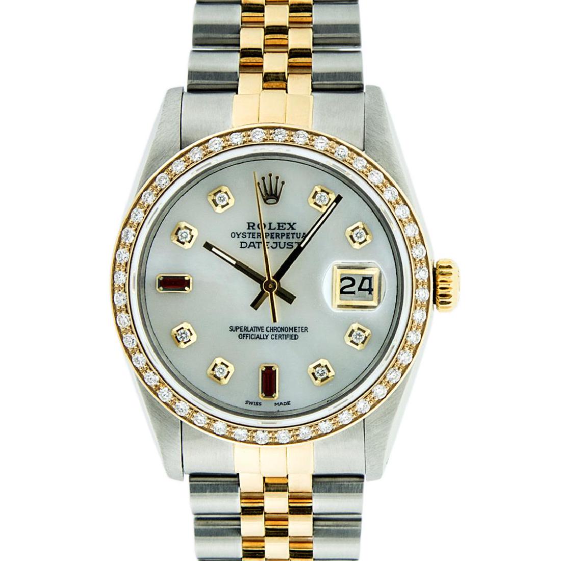 Rolex Mens 2 Tone 14K Mother Of Pearl Diamond 36MM: One Mens 14K Yellow Gold Two Tone Rolex Datejust Polished, Serviced & Electronically Tested, 14K Yellow Gold & Stainless Steel Case: 36mm, 14K Yellow Gold Crown, Custom Bezel: New 18K Yellow Gold Bead