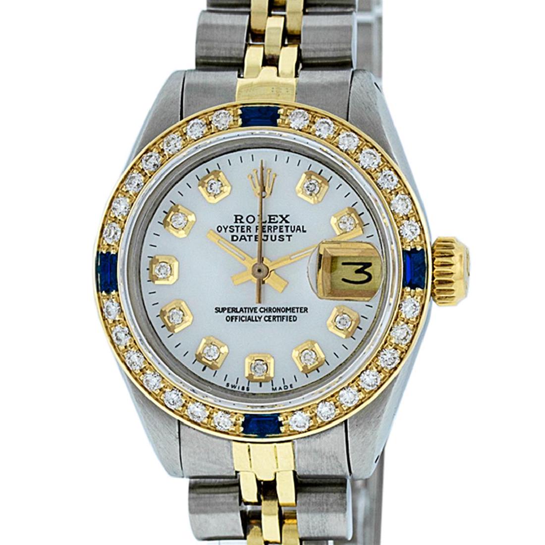 Rolex Ladies 2 Tone MOP Diamond & Sapphire Datejust: One Ladies 14K Two Tone Rolex Datejust Polished, Serviced & Electronically Tested, 14K Yellow Gold & Stainless Steel Case: 26mm, 14K Yellow Gold Crown, Custom Bezel: New 18K Yellow Gold Sapphire Beads