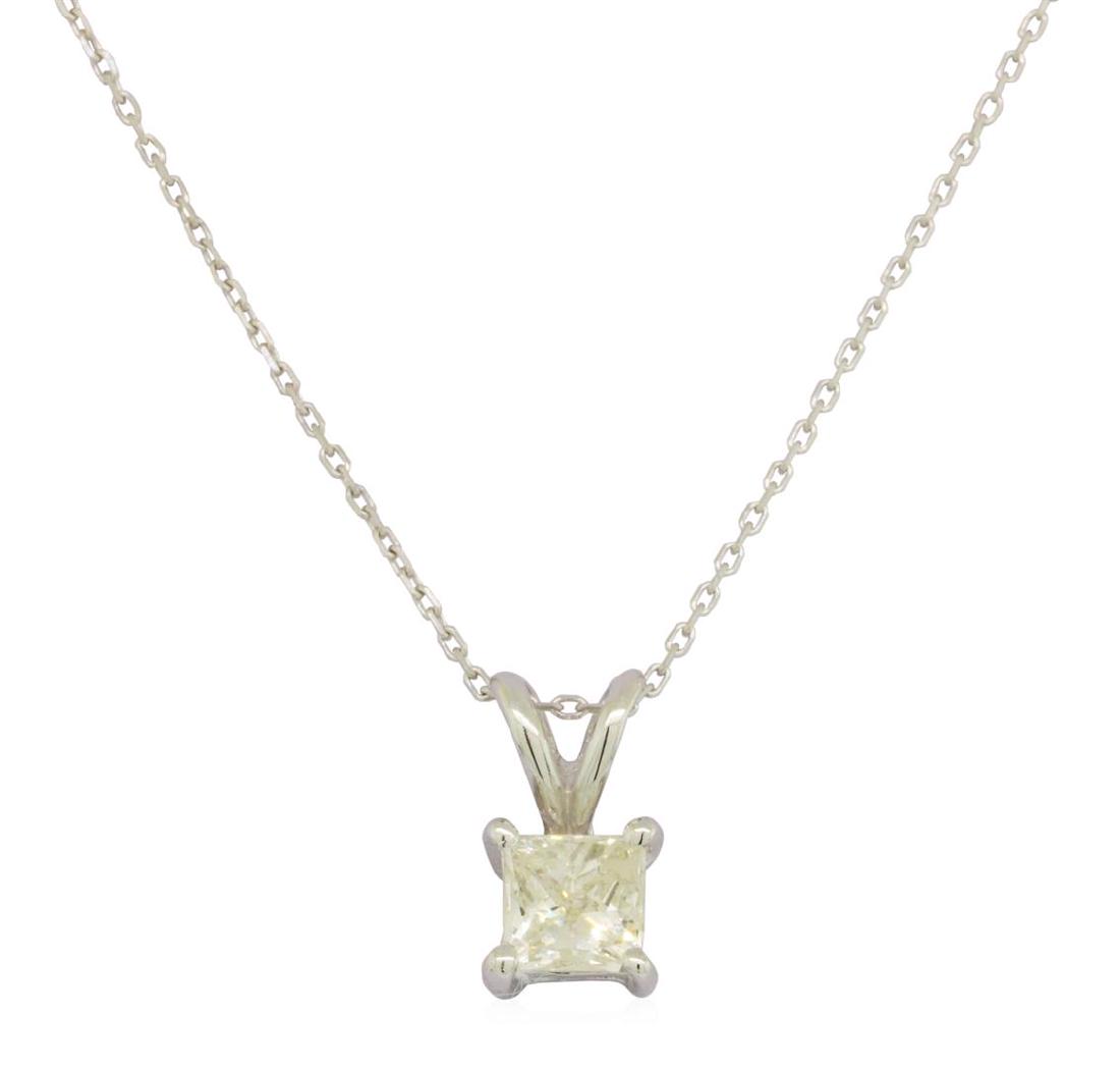 0.65 ctw Diamond Pendant With Chain - 14KT White Gold: One electronically tested 14KT white gold lady's cast fashion solitaire pendant & chain 16.0' long, 1 mm diamond cut cable link with a spring ring clasp with a bright polish finish. Identified with ma