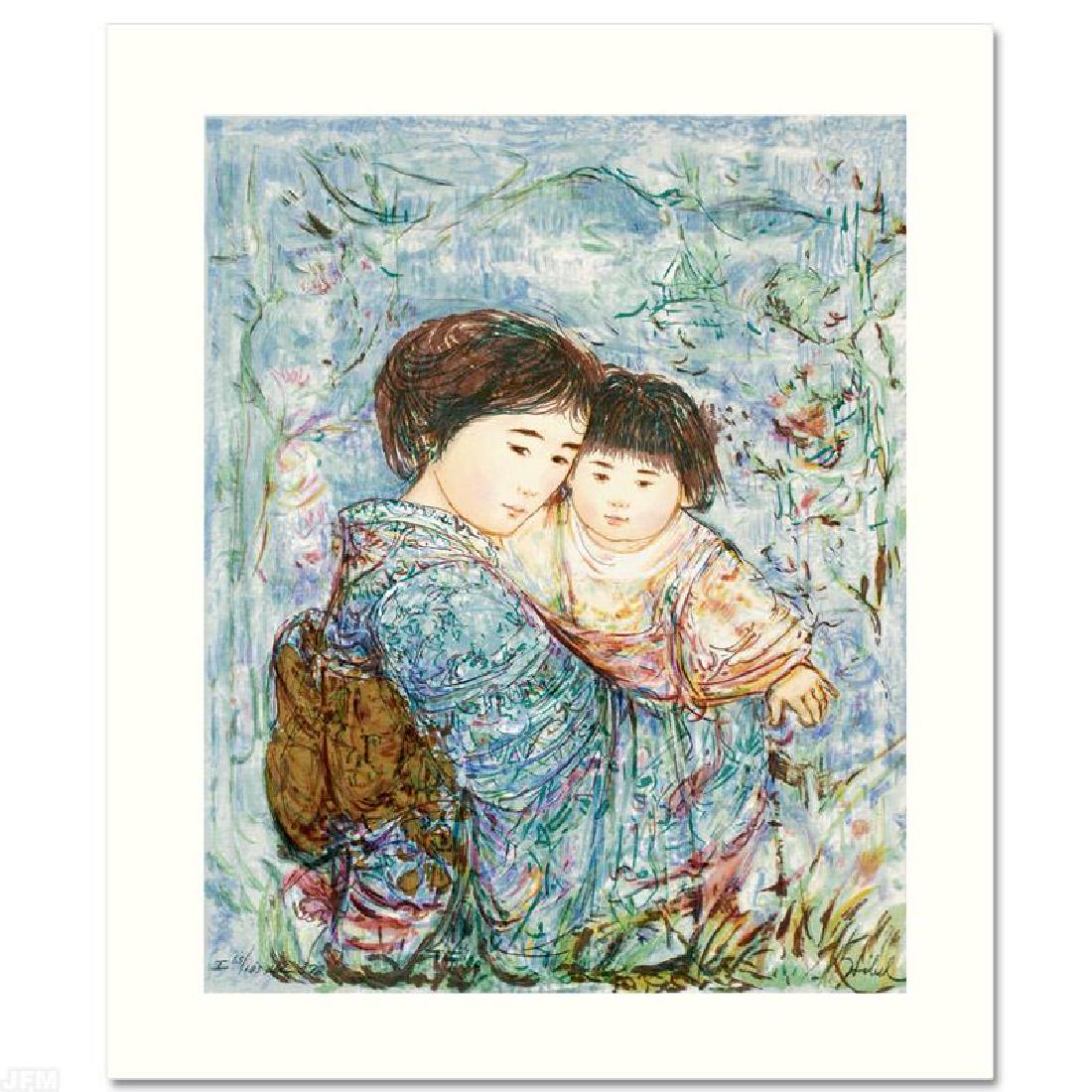Kyoko and Sanayuki by Hibel (1917-2014): "Kyoko and Sanayuki" is a limited edition serigraph on paper, numbered and hand signed by Edna Hibel (1917-2014). Includes Certificate of Authenticity! Measures approx. 15" x 20.5" (with border), 12" 