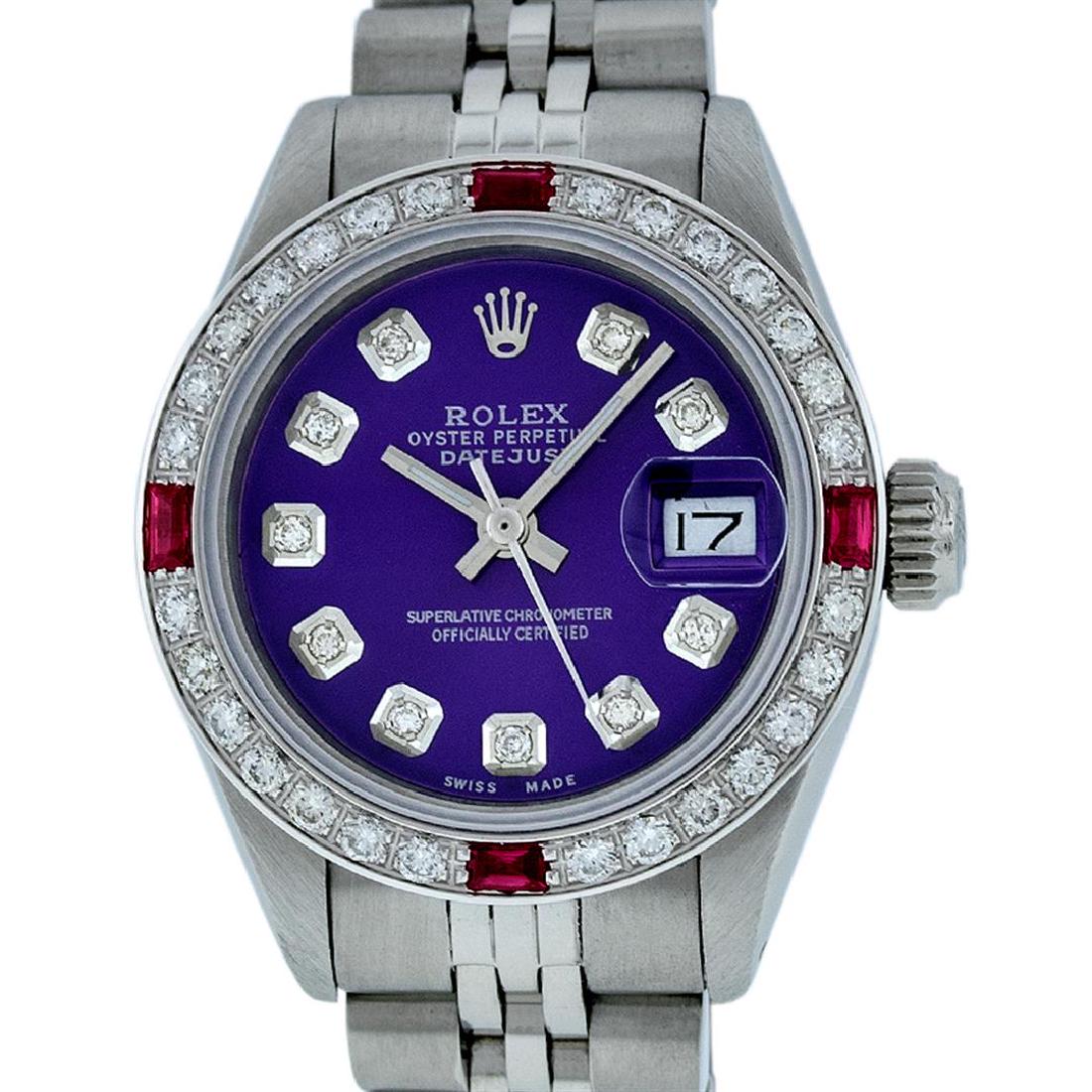 Rolex Ladies Stainless Steel Purple Diamond & Ruby 26MM: One Ladies Stainless Steel Rolex Datejust Polished Bright with Satin Finish, Serviced & Electronically Tested, Stainless Steel Case: 26mm, Stainless Steel Crown, Custom Bezel: New 18K White Gold Ruby 