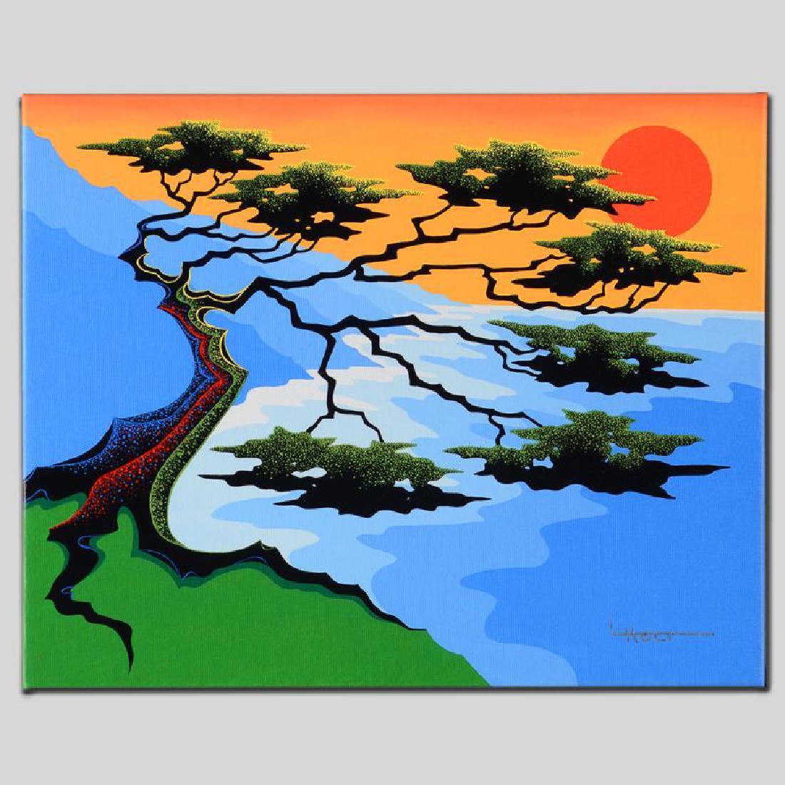 Sunset by Holt, Larissa: Larissa Holt, a student of distinguished artist Eyvind Earle(1916-2000), uses bold colors and breathtaking scenery to create images of Nature in her own unique style. "Sunset" is a limited edition gic