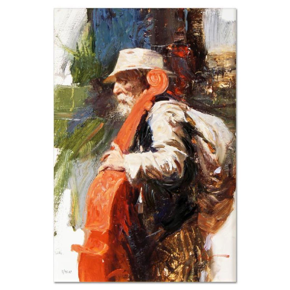 The Red Viola by Pino (1939-2010): "The Red Viola" is a limited edition giclee on stretched canvas that has been hand-embellished by Pino himself, AP Numbered and Hand signed by Pino (1939-2010). Includes Certificate of Authenticity. M