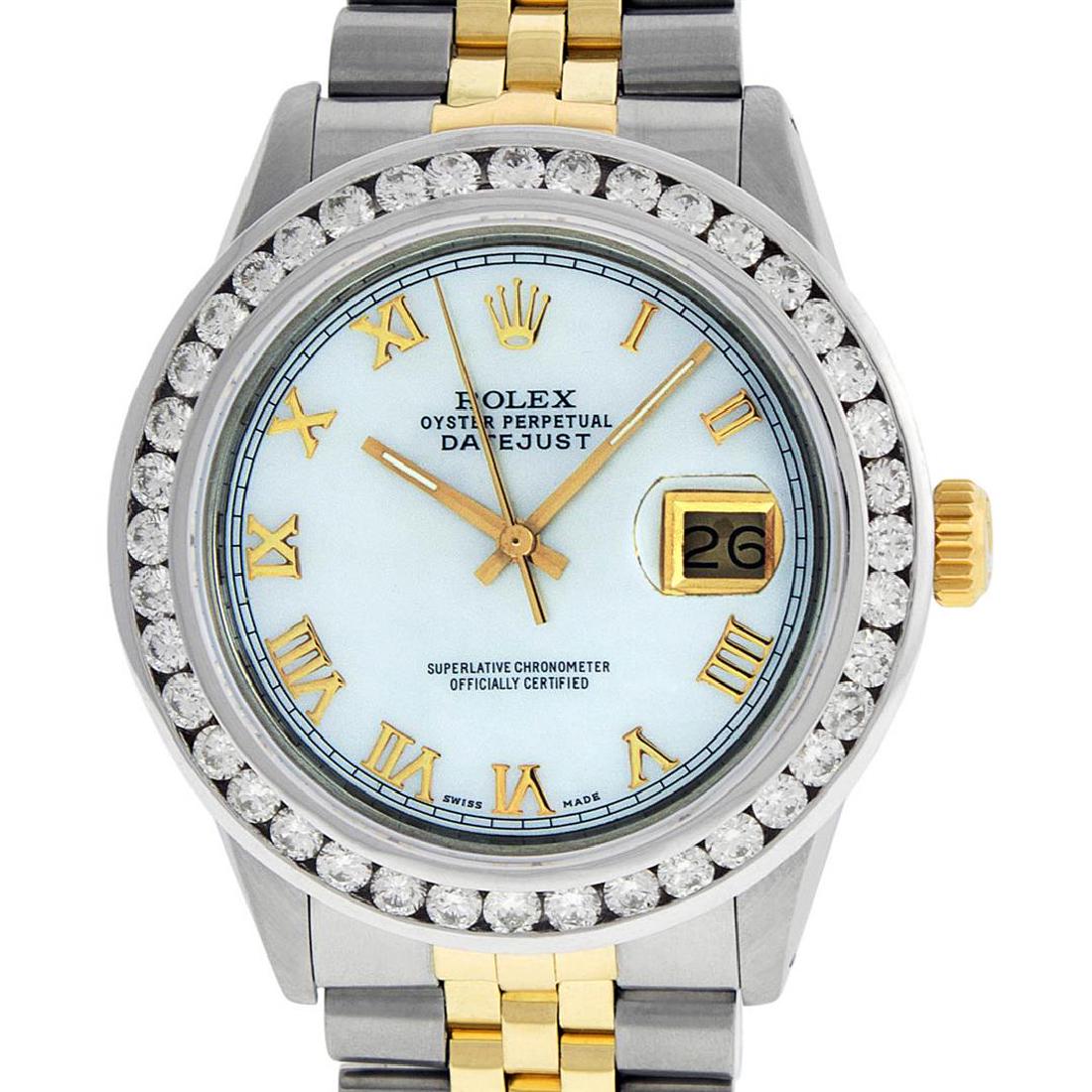 Rolex Mens 2 Tone 14K MOP Roman 3 ctw Channel Set: One Mens 14K Yellow Gold Rolex Datejust Polished Bright with Satin Finish, Serviced & Electronically Tested, Stainless Steel Case: 36mm, Yellow Gold Crown, Custom Bezel: 18K White Gold 3ct Channel Set