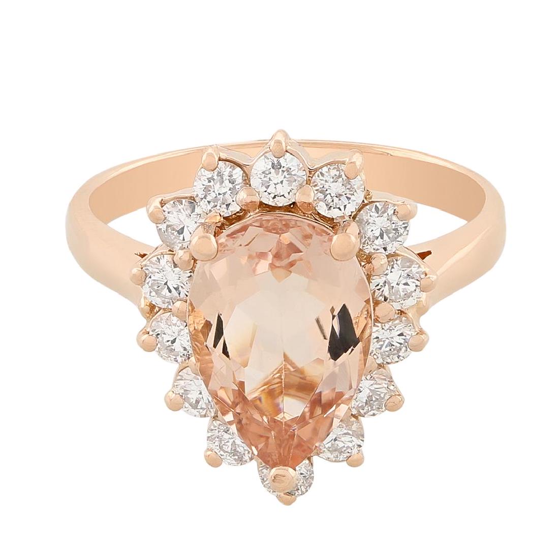 14KT Rose Gold 2.37 ctw Morganite and Diamond Ring: One electronically tested 14KT rose gold ladies cast morganite and diamond ring with a bright polish finish. Identified with markings of "14K". Condition is new. Containing: One prong set pear modifie