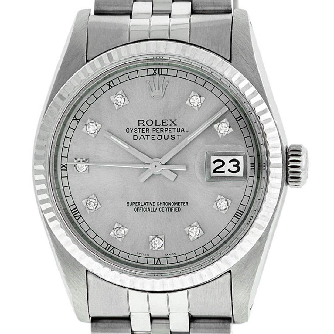 Rolex Mens Stainless Steel 36MM Slate Grey Diamond: One Mens Stainless Steel Rolex Datejust Polished Bright with Satin Finish, Serviced & Electronically Tested, Stainless Steel Case: 36mm, Stainless Steel Crown, Bezel: 14K White Gold Fluted Bezel. Cust