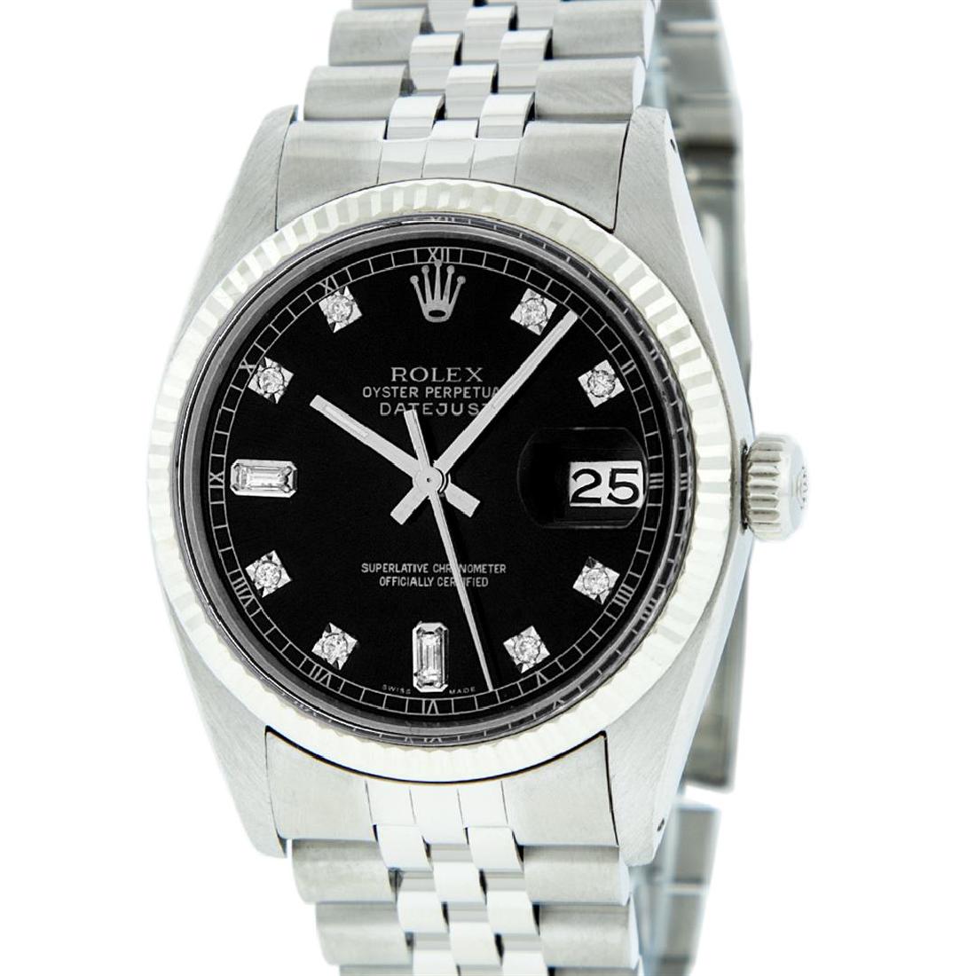 Rolex Mens Stainless Black Diamond 36MM Datejust: One Mens Stainless Steel Rolex Datejust Polished Bright with Satin Finish, This Watch Has Been Serviced & Electronically Tested, Stainless Steel Case: 36mm, Stainless Steel Crown, Bezel: 14K White Gol