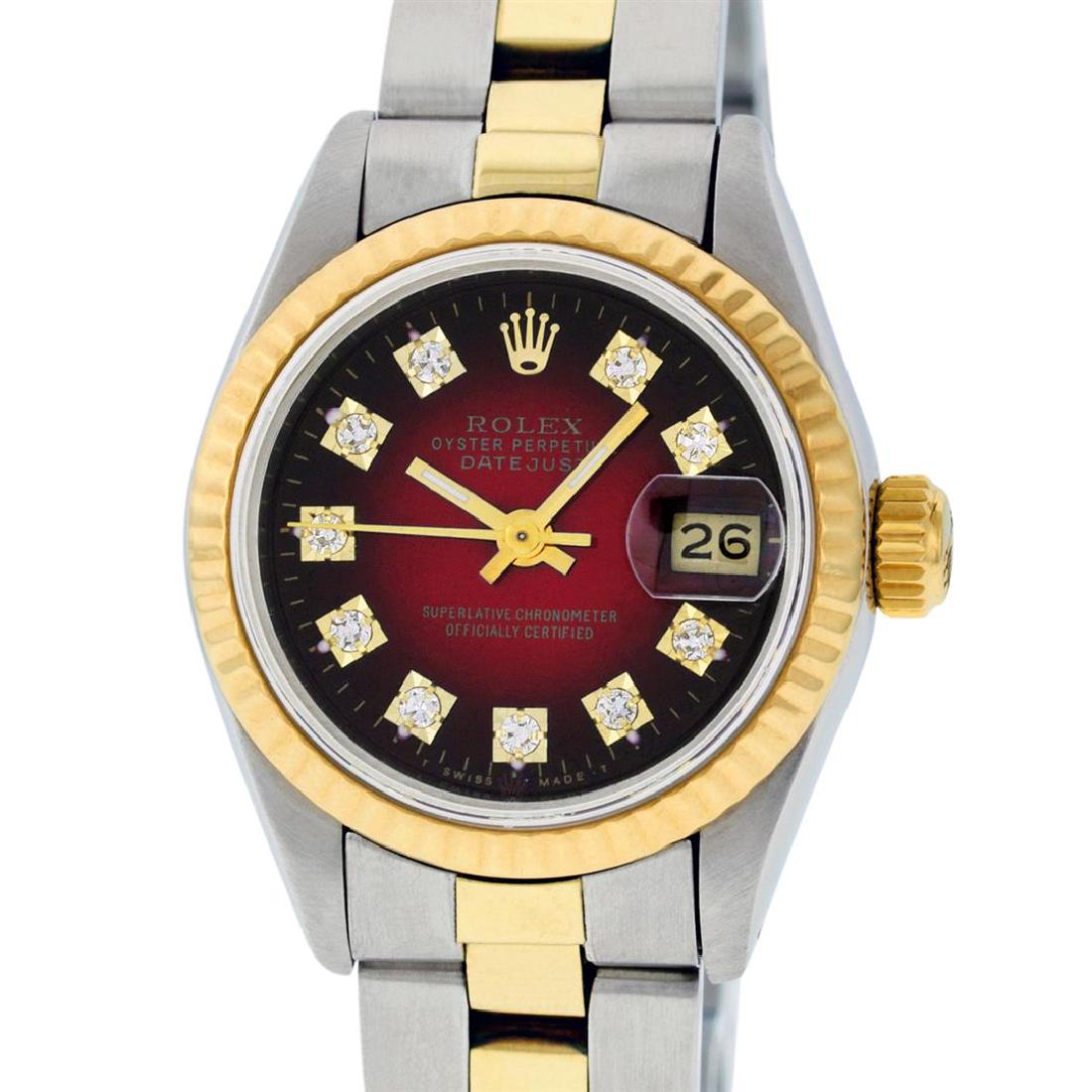 Rolex Ladies 2 Tone 14K Red Vignette Diamond 26MM: One Ladies 14K Two Tone Rolex Datejust Polished, Serviced & Electronically Tested, 14K Yellow Gold & Stainless Steel Case: 26mm, 14K Yellow Gold Crown, Bezel: 14K Yellow Gold Fluted Bezel. Custom Crys
