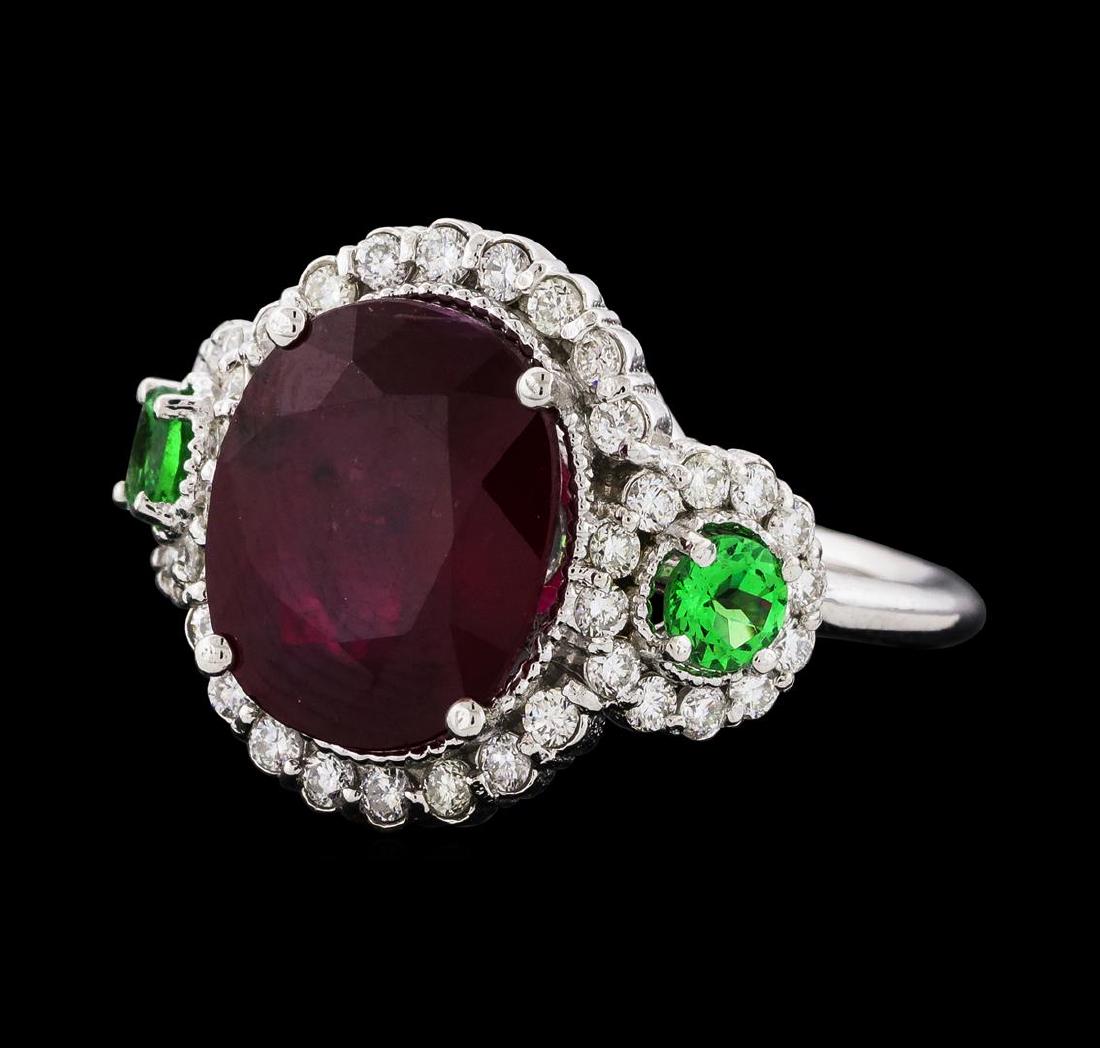 5.91 ctw Ruby, Tsavorite, and Diamond Ring - 14KT White: One Ruby, Tsavorite, and Diamond Ring featuring: 14KT White Gold with a total weight of 5.40 grams, Ruby with a total weight of 5.91ct, Tsavorite with a total weight of 0.44ctw, and 40 Diamonds with a