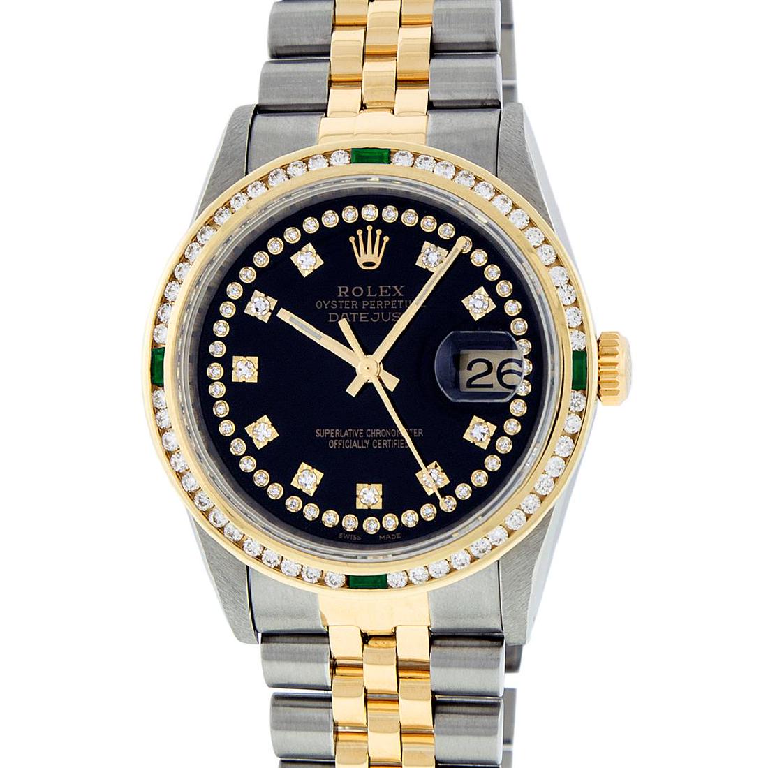 Rolex Mens 2 Tone 14K Black String Diamond & Emerald: One Mens 14K Yellow Gold Two Tone Rolex Datejust Polished, Serviced & Electronically Tested, 14K Yellow Gold & Stainless Steel Case: 36mm, 14K Yellow Gold Crown, Custom Bezel: New 18K Yellow Gold Emer