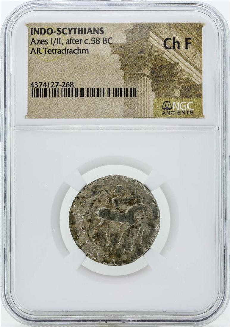 58 BC Indo Scythians Azes I/II AR Tetradrachm Coin NGC: One 58 BC Indo Scythians Azes I/II AR Tetradrachm Coin NGC Ch F. NGC Certified.