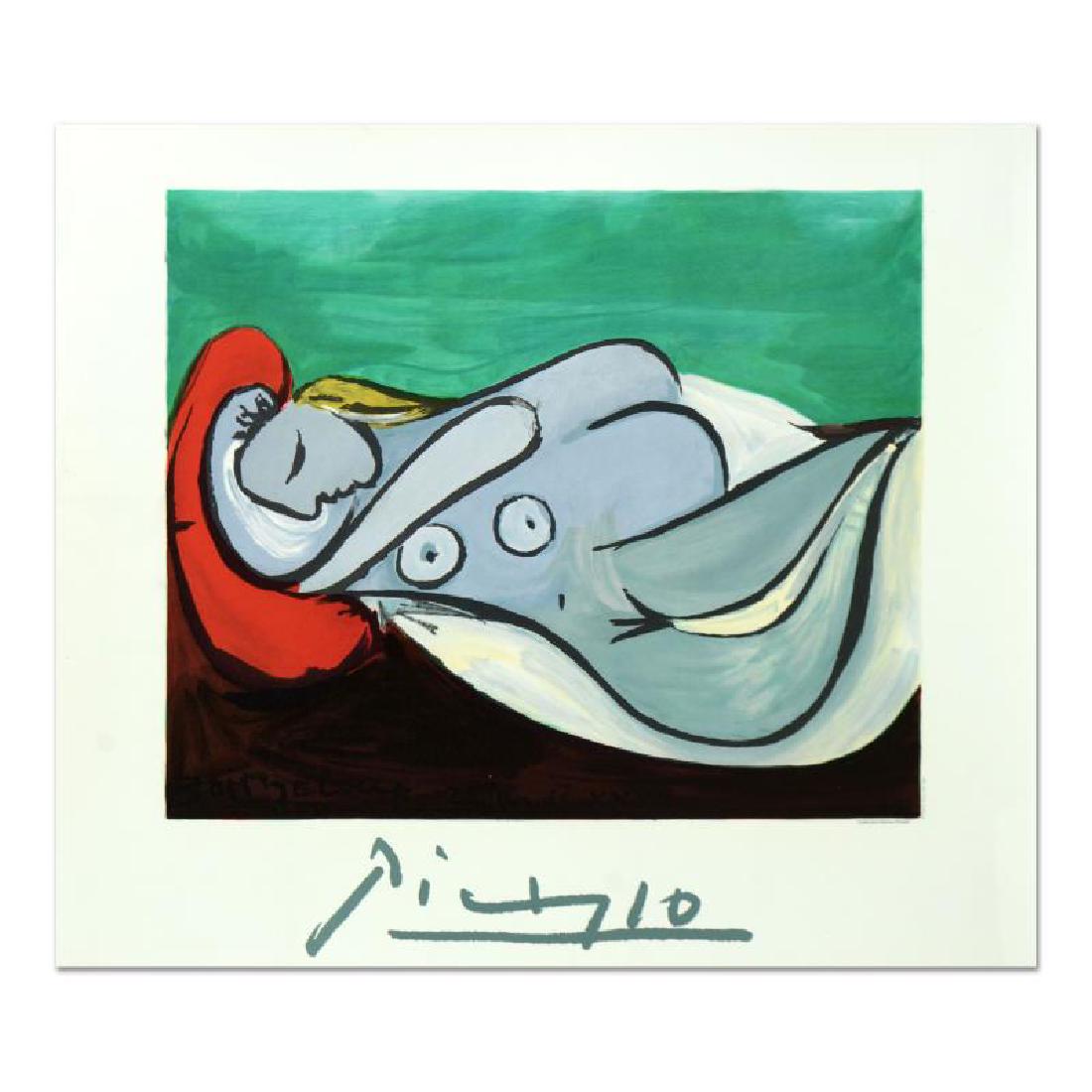 Woman Reclining by Picasso (1881-1973): "Woman Reclining" is an original lithograph on paper by Pablo Picasso (1881-1973), bearing the plate signature of the artist. Includes Letter of Authenticity. Measures approx. 25" x 21.5" (border), 19