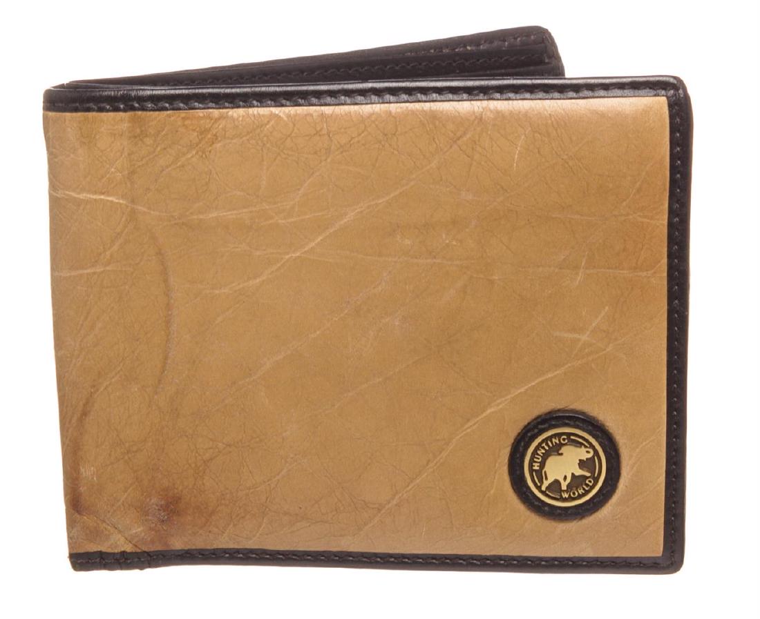 Hunting World Beige Leather Bifold Wallet: Hunting World beige leather bifold wallet with black leather lining, two bill pockets, dual side pockets, and eight card slots.