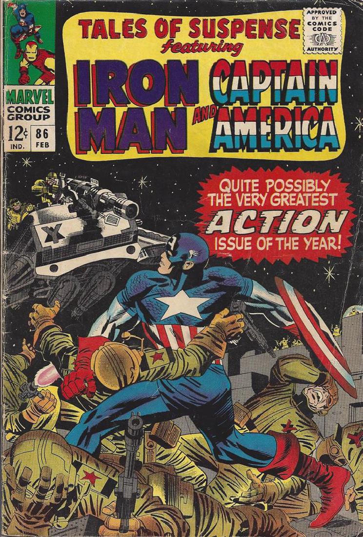 Tales of Suspense featuring Iron Man and Captain: One copy of Tales of Suspense featuring Iron Man and Captain America #86, "Quite Possibly the Greatest Action Issue of the Year!" The comic was written by Stan Lee with aart by Gene Colan and Frank Gi