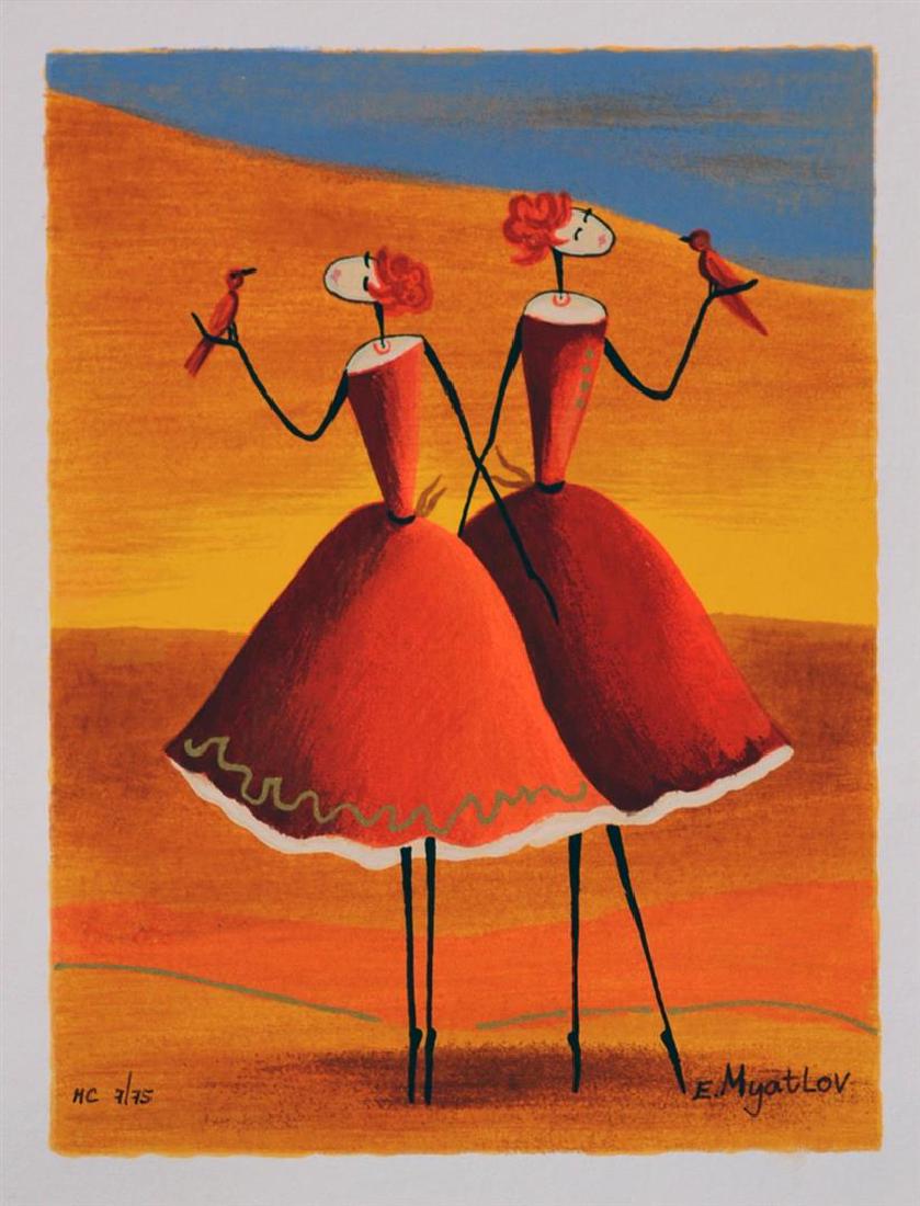 Esther Myatlov Chance Meeting: Artist: Esther Myatlov - Title: Chance Meeting - Medium: Serigraph on Fine Art Paper - Signature: Hand-signed by the Artist - Limited Edition: HC 75 - Paper Size: Approximately 8.75 inches x 6.75 inch