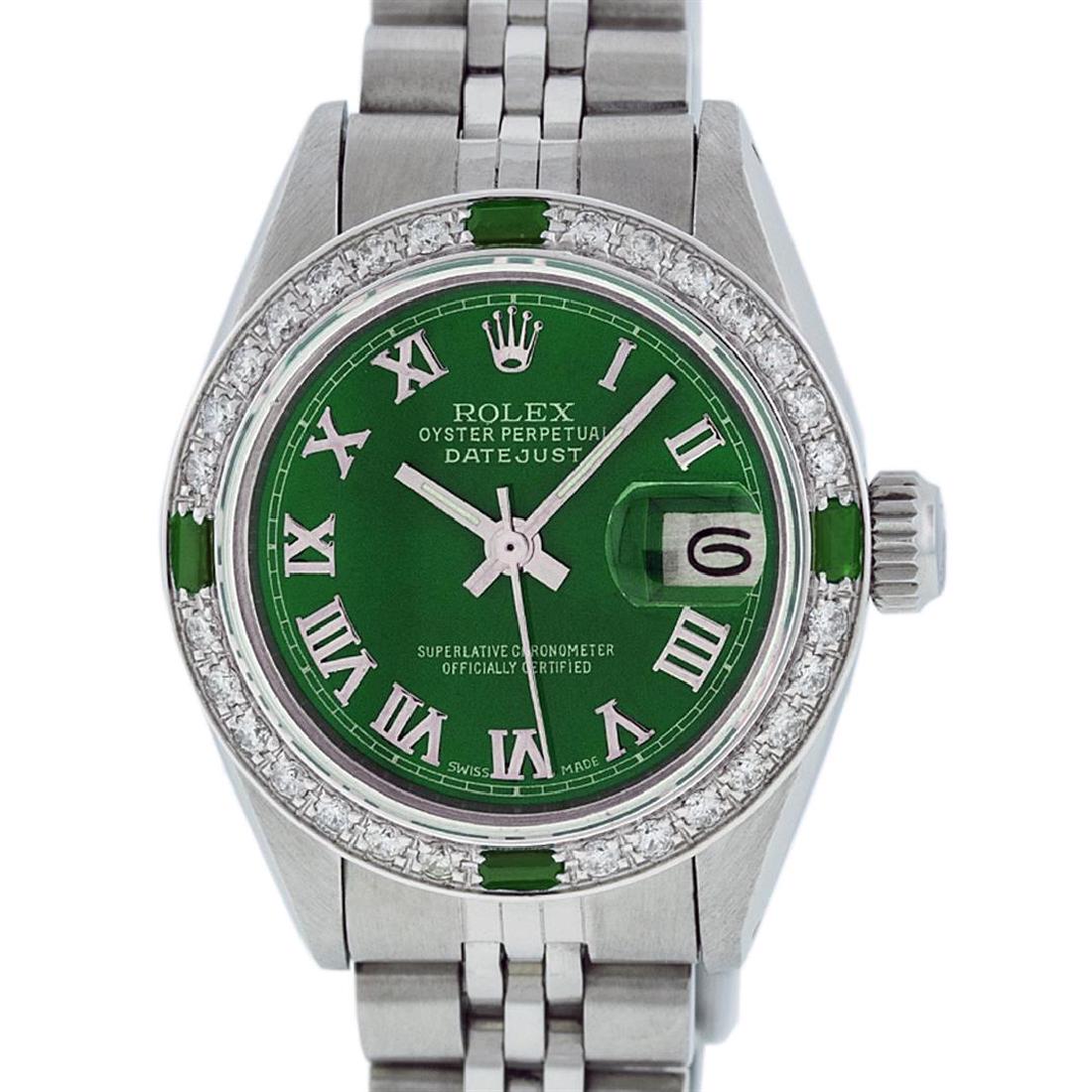 Rolex Ladies Stainless Steel Green Diamond & Emerald: One Ladies Stainless Steel Rolex Datejust Polished Bright with Satin Finish, Serviced & Electronically Tested, Stainless Steel Case: 26mm, Stainless Steel Crown, Custom Bezel: New 18K White Gold Emera