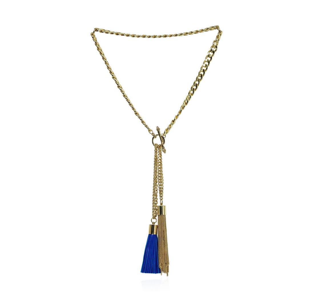 Double Leather Tassel Chain Necklace - Gold Plated: High end designer jewelry. Double Leather Tassel Chain Necklace - Gold Plated. Gold Plated Metal/3" Ext Clasp. Blue/ Gold. 28/6.5inches. Total Weight: 121.4 grams.