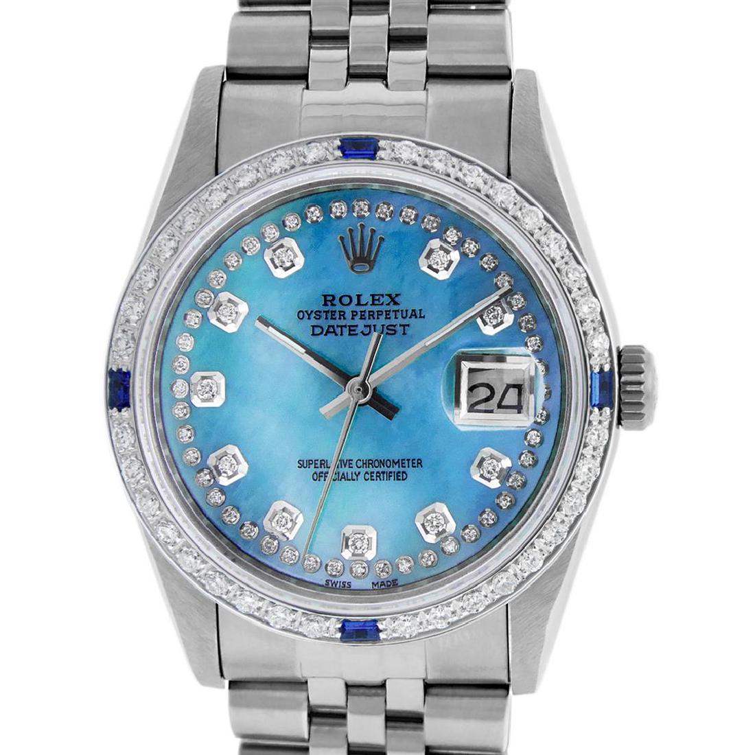 Rolex Mens Stainless Steel Blue String Diamond &: One Mens Rolex Datejust Polished Bright with Satin Finish, Serviced & Electronically Tested, Stainless Steel Case: 36mm, Custom Diamond Lugs: 28 Diamonds In Lugs, Color: G to H, Clarity: SI-VS. Stainl