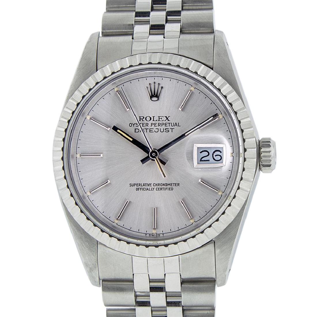 Rolex Mens Stainless Steel 36MM Silver Index Datejust: One Mens Stainless Steel Rolex Datejust Polished, Serviced & Electronically Tested, Stainless Steel Case: 36mm, Stainless Steel Crown, Bezel: 14K White Gold Fluted Bezel. Custom Crystal: New Acrylic C