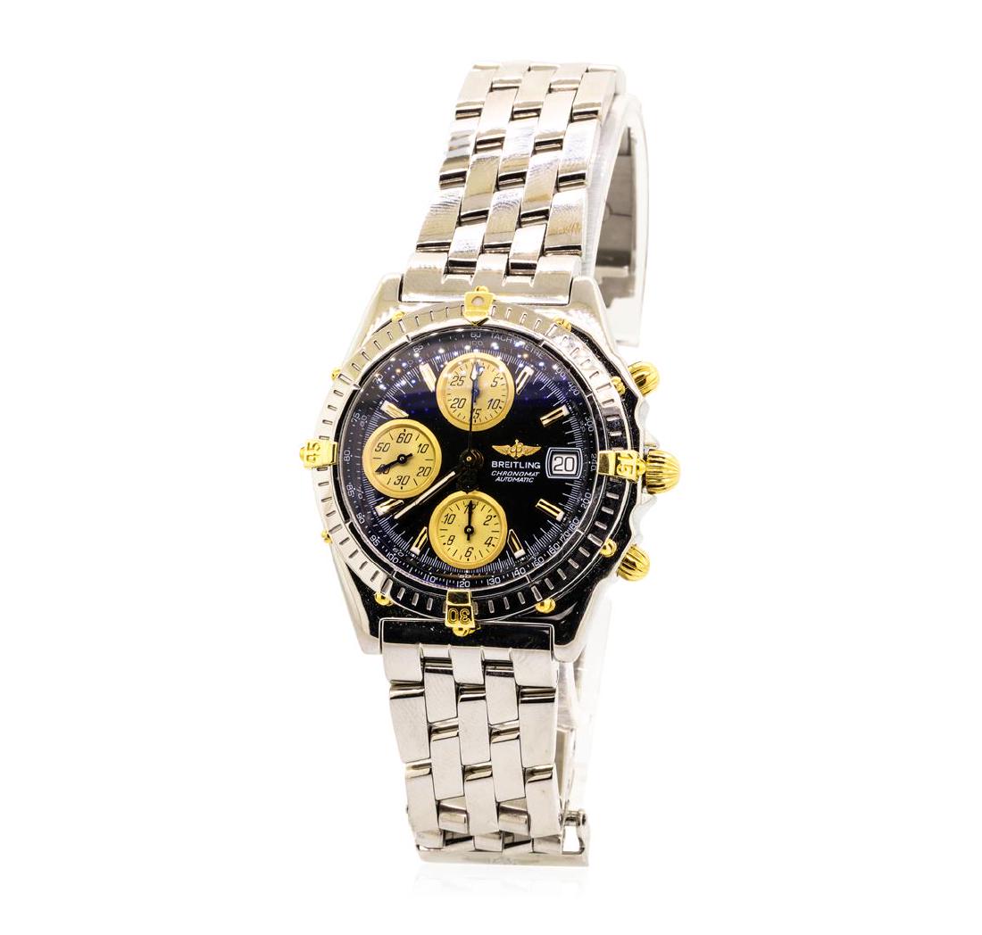 Breitling Men's Chronomat Wristwatch - Stainless Steel: One men's Breitling Chronomat stainless steel and 18KT yellow gold wristwatch with an attached stainless steel bracelet. Serial #: B13050.1. Model #: 143168. Crown: screw-down. Bezel: unidirectional r