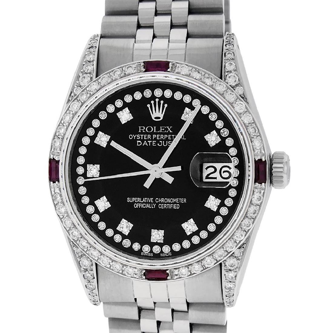 Rolex Mens Stainless Steel Diamond Lugs & Ruby Datejust: One Mens Rolex Datejust Polished Bright with Satin Finish, Serviced & Electronically Tested, Stainless Steel Case: 36mm, Custom Diamond Lugs: 28 Diamonds In Lugs, Color: G to H, Clarity: SI-VS. Stainl