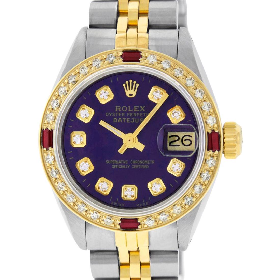 Rolex Ladies 2 Tone Purple Diamond & Ruby Datejust: One Ladies 14K Two Tone Rolex Datejust Polished, Serviced & Electronically Tested, 14K Yellow Gold & Stainless Steel Case: 26mm, 14K Yellow Gold Crown, Custom Bezel: New 18K Yellow Gold Ruby Beadset D
