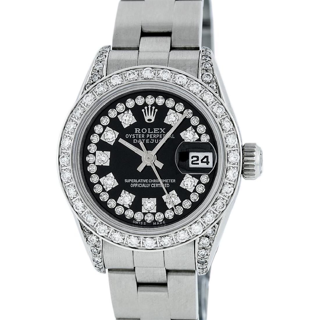 Rolex Ladies SS 26MM Black Diamond Lugs Oyster Quickset: One Ladies Stainless Steel Quickset Rolex Datejust Polished Bright with Satin Finish, Serviced & Electronically Tested, Stainless Steel Case: 26mm, Stainless Steel Crown, Custom Diamond Lugs: 24 Diamo