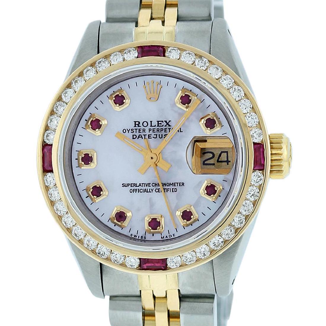 Rolex Ladies 2 Tone 14K MOP Ruby & Diamond Datejust: One Ladies 14K Two Tone Rolex Datejust Polished, Serviced & Electronically Tested, 14K Yellow Gold & Stainless Steel Case: 26mm, 14K Yellow Gold Crown, Custom Bezel: New 18K Yellow Gold Ruby Channel S