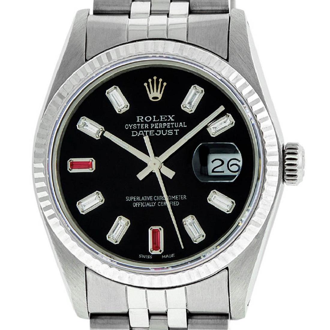 Rolex Mens Stainless Steel 36mm Black Diamond Dial: One Mens Stainless Steel Rolex Datejust Polished Bright with Satin Finish, Serviced & Electronically Tested, Stainless Steel Case: 36mm, Stainless Steel Crown, Bezel: 14K White Gold Fluted Bezel. Cust