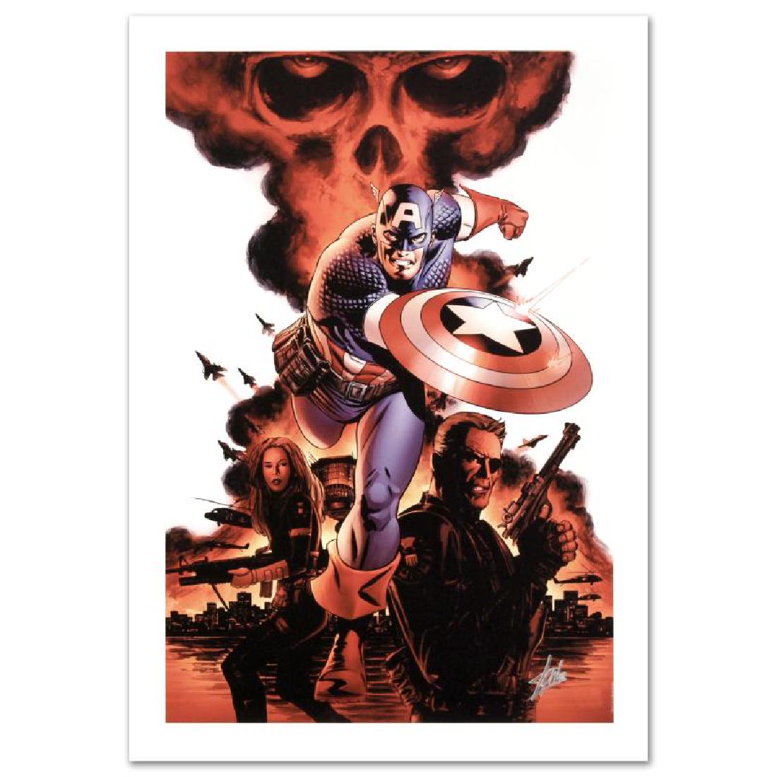 Captain America #1 by Stan Lee - Marvel Comics: A piece of comic book history, this limited edition, from original art by Steve Epting, depicts an action packed scenes starring Captain America, Nick Fury and Black Widow. Steve Epting began working 