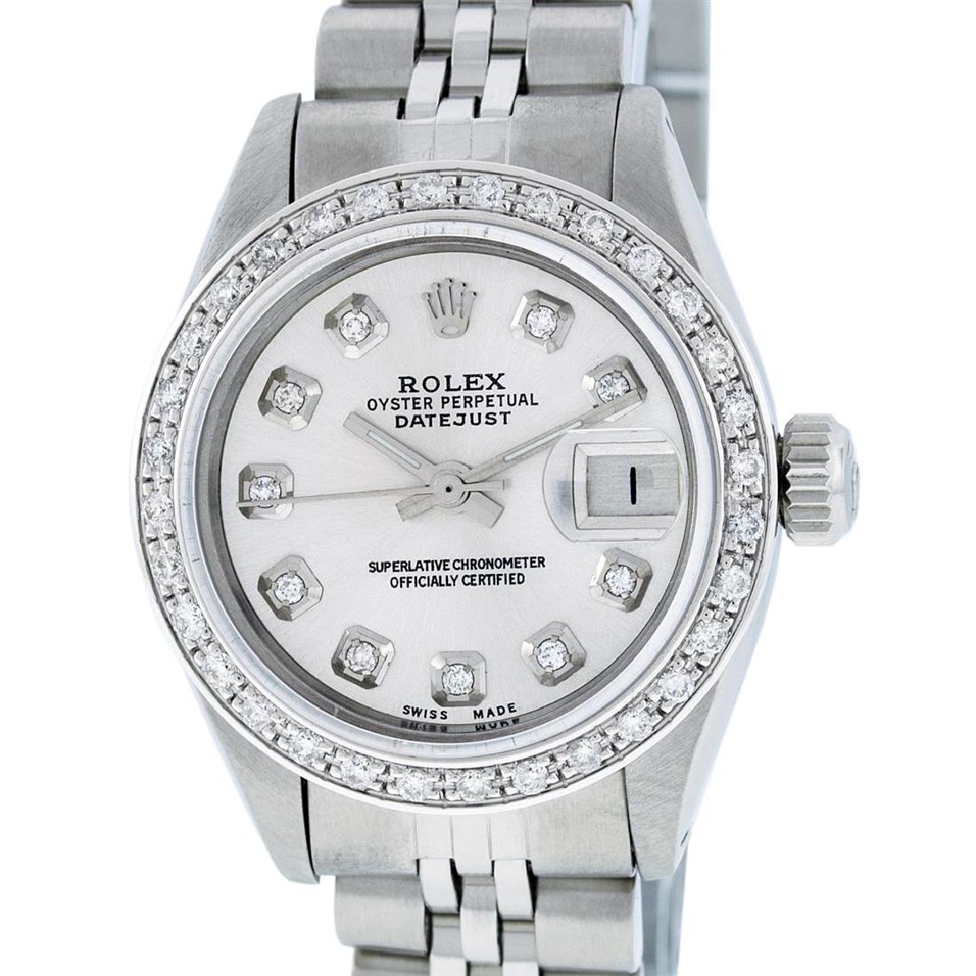 Rolex Ladies Stainless Steel Silver Diamond 26MM: One Ladies Stainless Steel Rolex Datejust Polished Bright with Satin Finish, Serviced & Electronically Tested, Stainless Steel Case: 26mm, Stainless Steel Crown, Custom Bezel: New 18K White Gold Beads