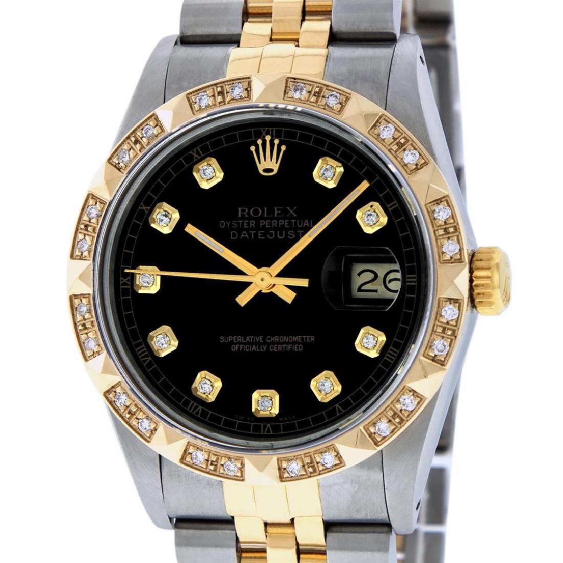 Rolex Mens 2 Tone 14K Black Pyramid Diamond 36MM: One Mens 14K Yellow Gold Rolex Datejust Polished Bright with Satin Finish, Serviced & Electronically Tested, Stainless Steel Case: 36mm, Yellow Gold Crown, Custom Bezel: New 18K Yellow Gold Pyramid Di