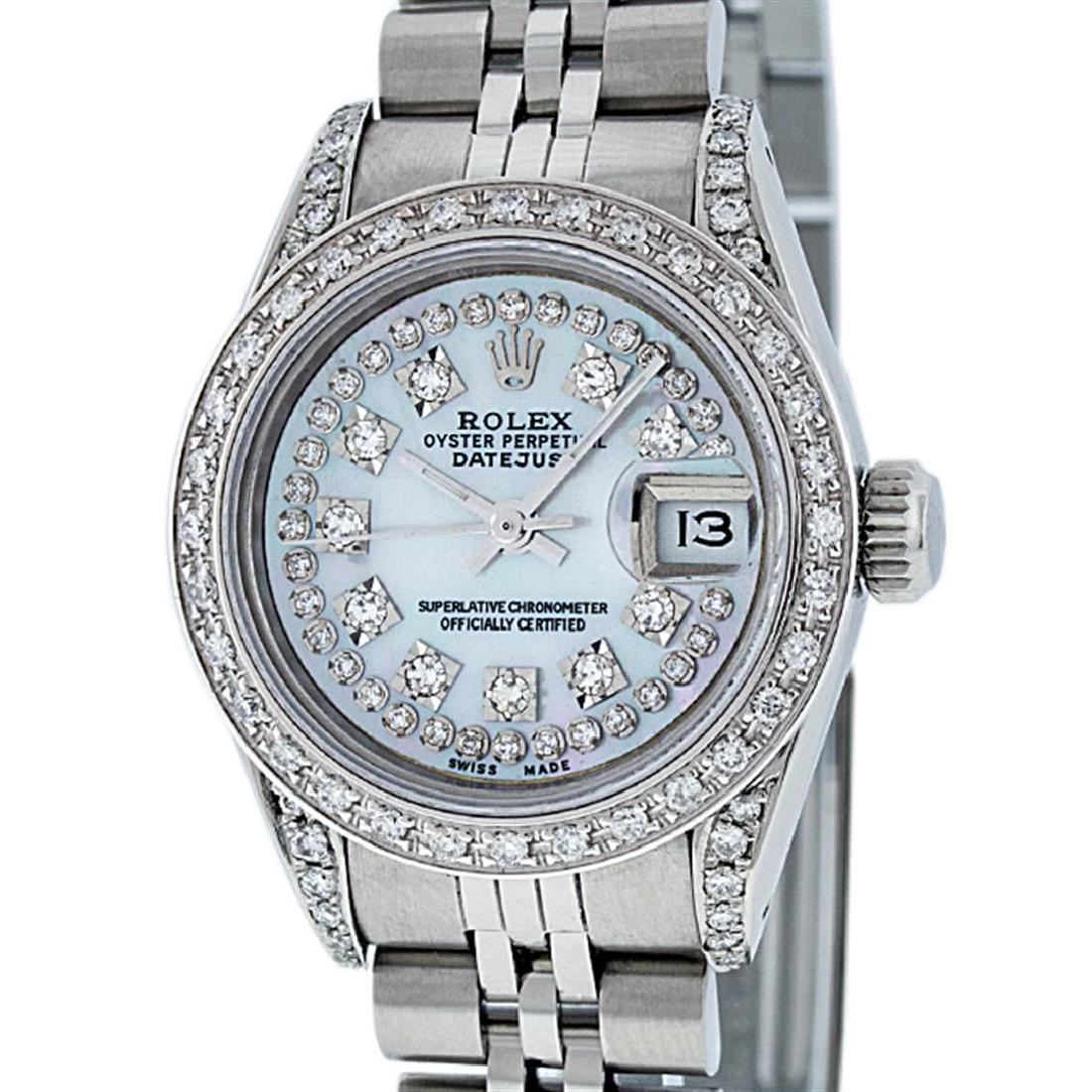 Rolex Ladies Stainless Steel 26MM MOP Diamond Lugs: One Ladies Stainless Steel Rolex Datejust Polished Bright with Satin Finish, Serviced & Electronically Tested, Stainless Steel Case: 26mm, Stainless Steel Crown, Diamond Lugs: 24 Diamonds On Lugs, Cla